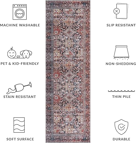 Miniatura 3 de SAFAVIEH Tucson Collection - Alfombra de pasillo, 2 pies 6 pulgadas x 22 pies, color azul marino y óxido, diseño persa envejecido, lavable a