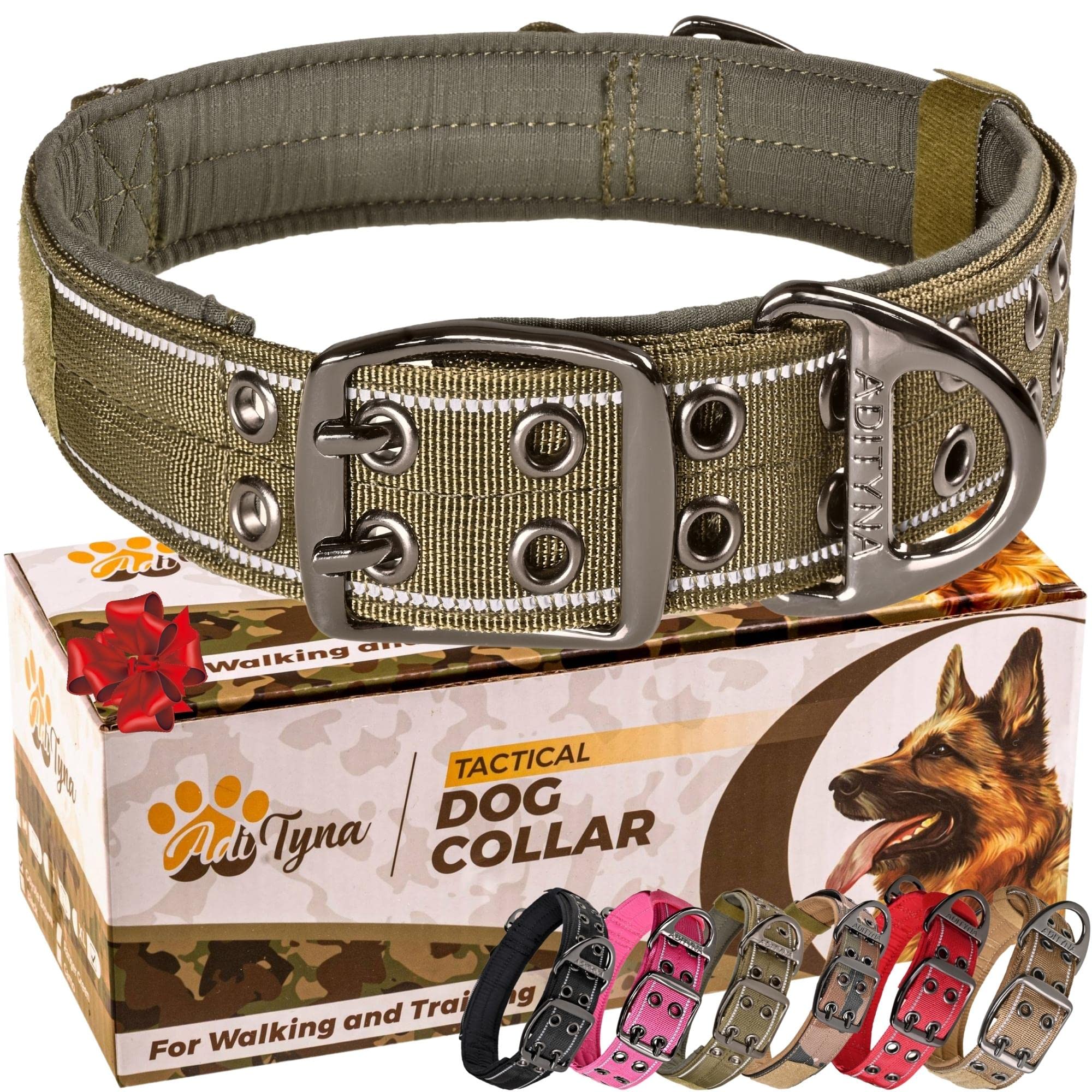 ADITYNA Heavy Duty Dog Collar for Large Dogs - Reflective Green Collar with Handle for Training, and Walking - Wide, Thick, Tactical, Soft Neoprene