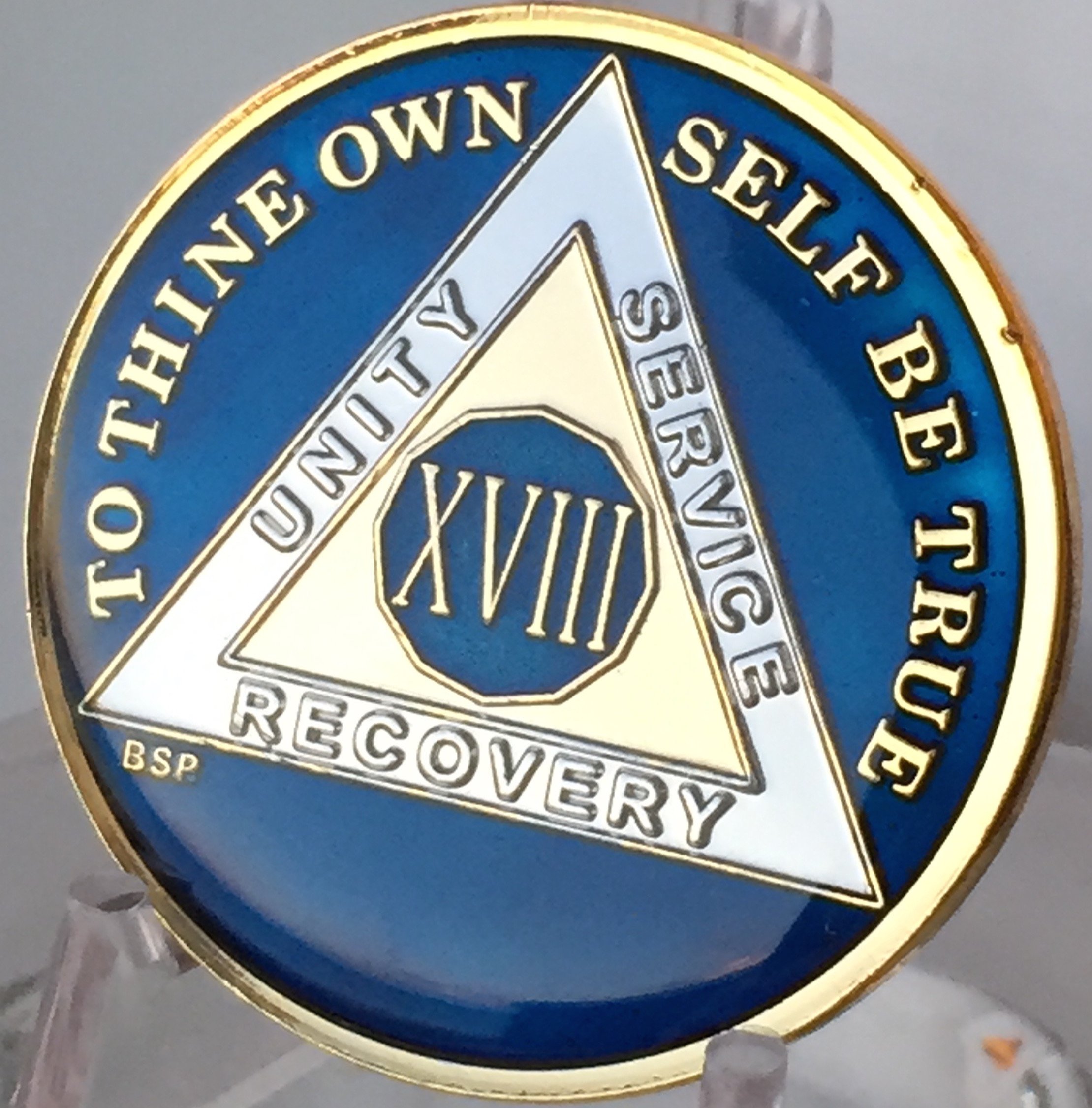 18 Year Midnight Blue AA Alcoholics Anonymous Medallion Chip Tri Plate Gold & Nickel Plated