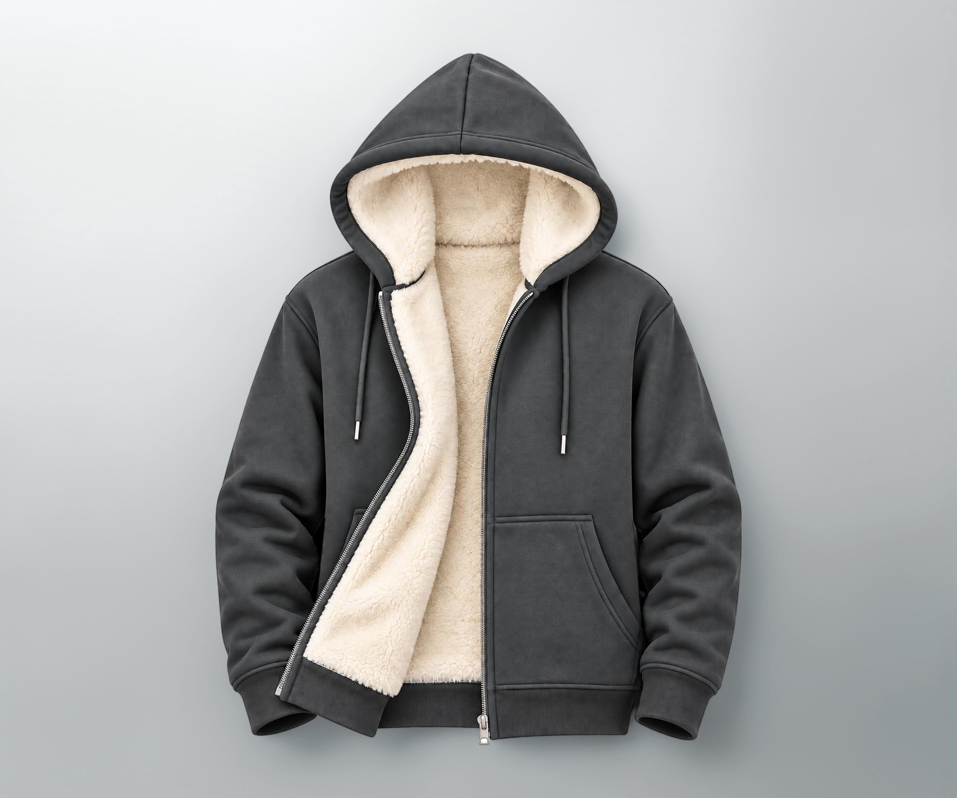 BLACKSTEP Men's Sherpa-Lined Full-Zip Fleece Hoodie (L, Grey) - Image 1