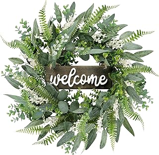 Sggvecsy Green Eucalyptus Wreath with Welcome Sign 20in Artificial Eucalyptus Wreath Mixed White Berries Spring Summer Wreath for Front Door Wall Window Farmhouse Festival Porch Patio Garden Decorâ€¦