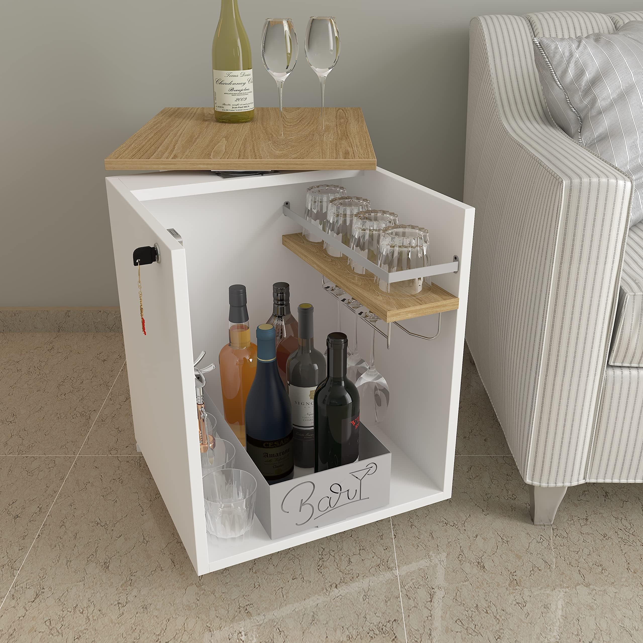 Classic Mini Bar - 360° Revolving Wooden Home Bar Cabinet with Lock, Stainless Steel Glass Holder, Delivered Preassembled (White)