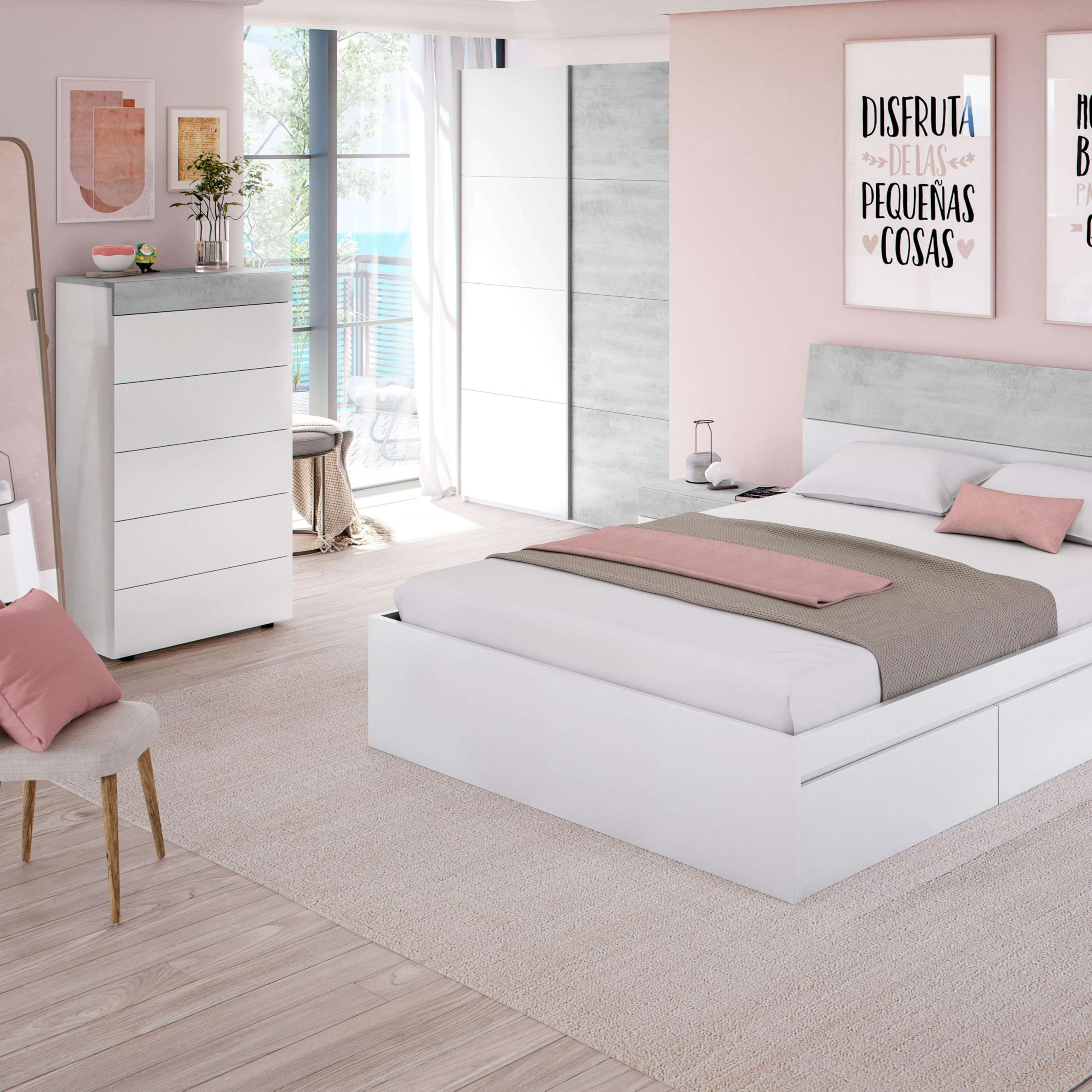Habitdesign – Cómoda Sinfonier con 5 Cajones, Comoda Moderna para Dormitorio, Sinfonier Vestidor, Color Blanco Artik y Gris Cemento, 118x61x40 cm - Modelo Tekkan