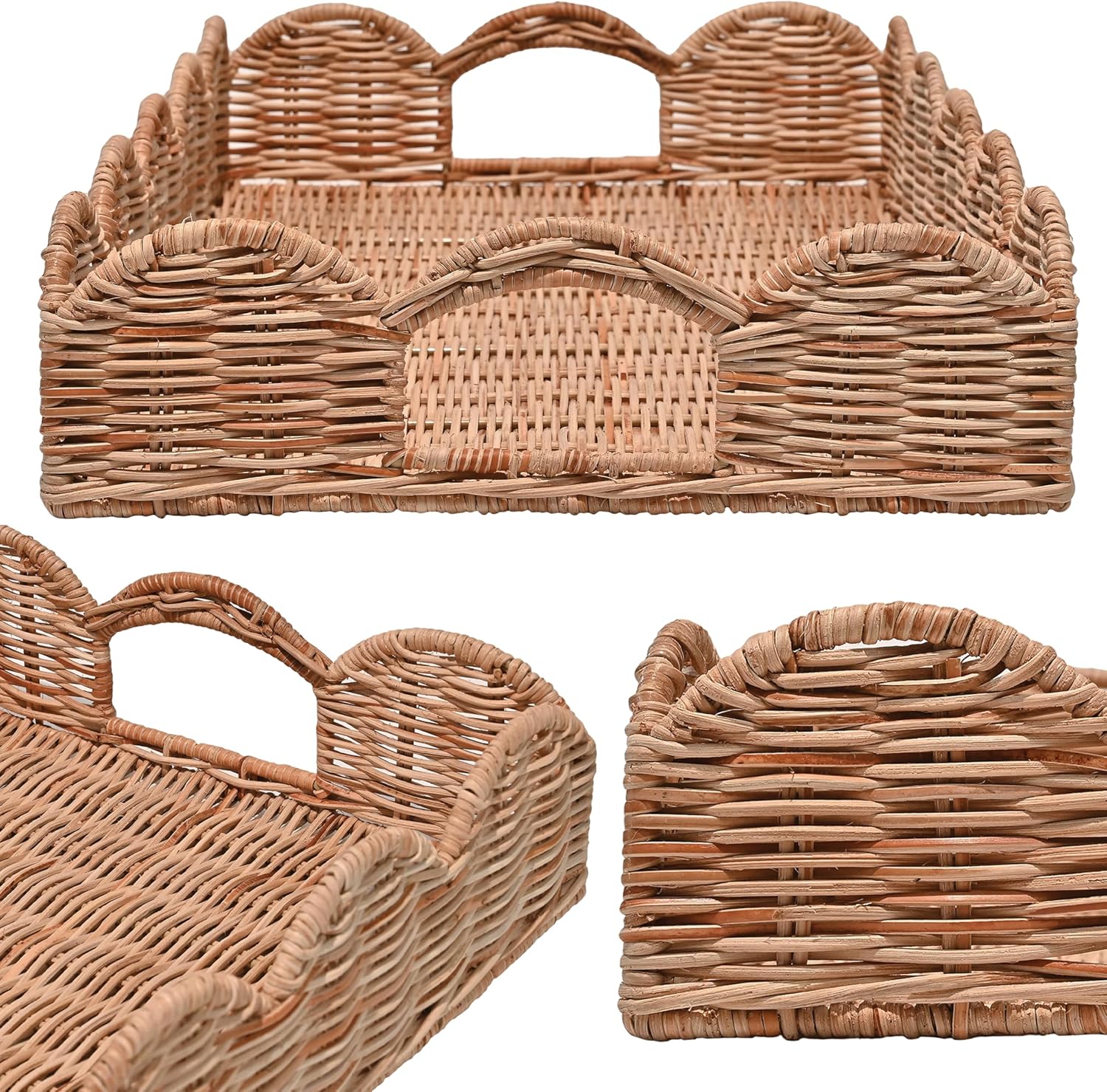 happimess TRY1000B Scalloped 21.5" Southwestern Cottage Hand-Woven Rattan Tray with Handles for Storage,Decoration, Display, Coffee Table or Serving Food, Light Brown