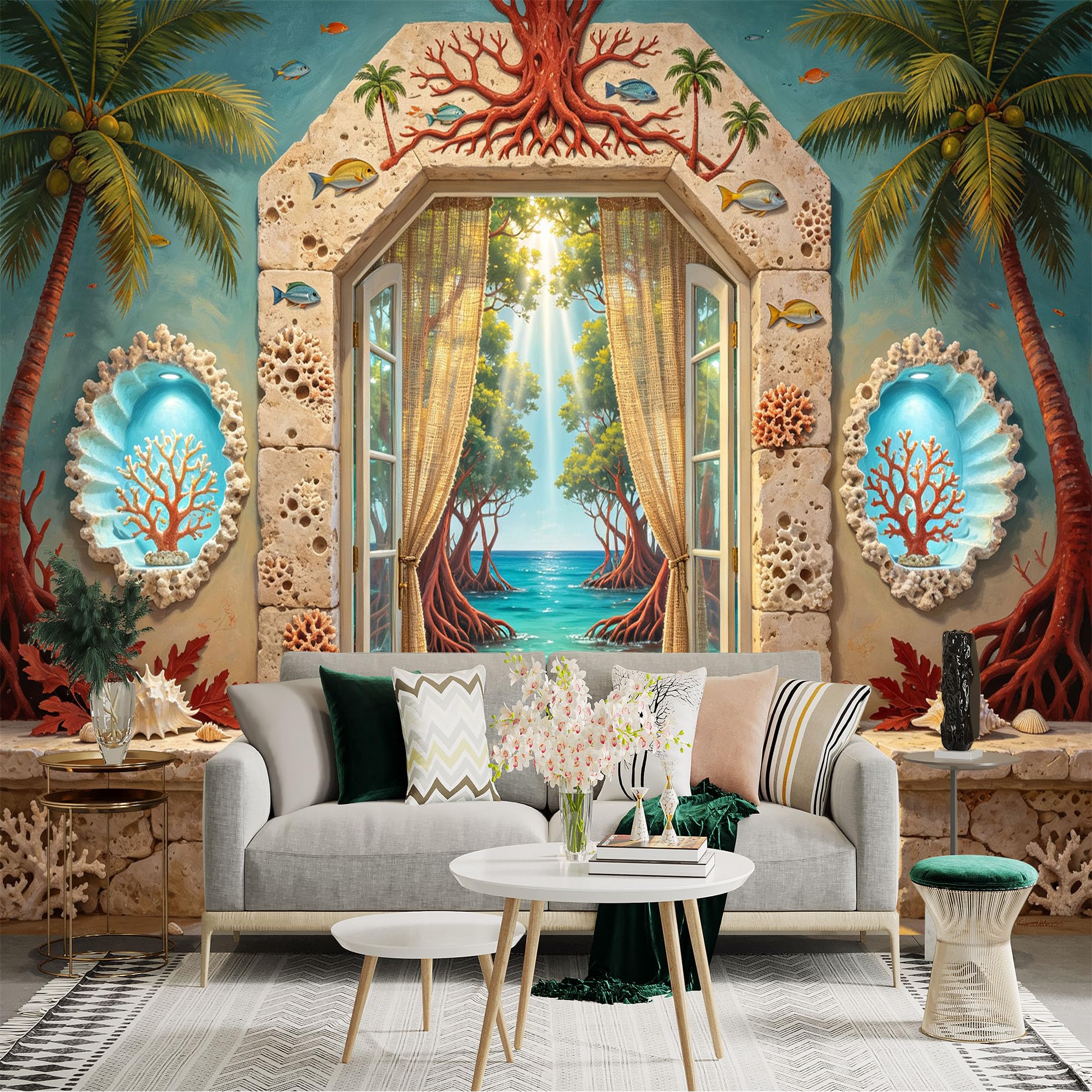 Custom Size Wall Sticker Mural， Tropical Beach View， Coral Reef， Ocean Mangrove， Coastal Paradise， for wall Decoration， peelandstick wall Decals.