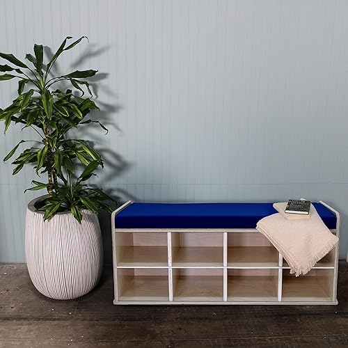 Miniatura 2 de FDP Banco de almacenamiento de abedul natural de 8 compartimentos con cómodo asiento de vinilo azul (16 pulgadas de alto); organiza zapatos,