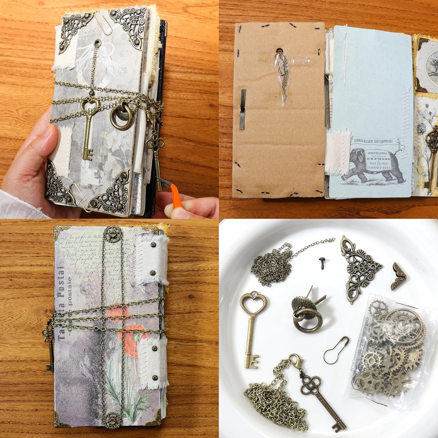CATaireen Vintage Scrapbook Essentials 1556 PCS Junk Journal Scrapbooking Supplies 29 Styles Vintage Metal Small Accessories Kit Gears, Keys, Mini Paper Fasteners, Eyelets, Corner Protectors, Etc