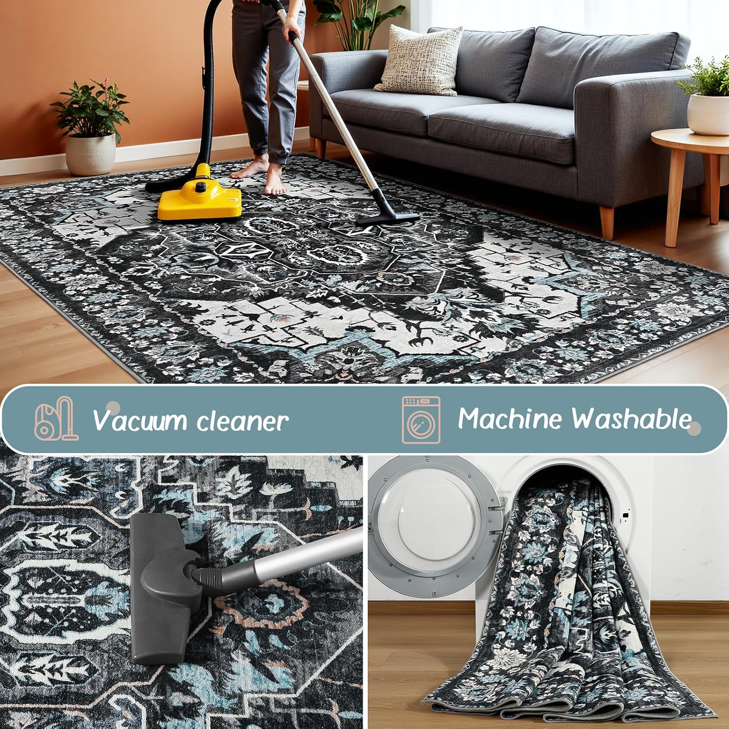 Keeko 4'x6' Vintage Floral Area Rug for Living Room, Soft Washable Low-Pile Carpet with Non-Slip Backing, Non-Shedding Oriental Distressed Farmhouse Rug for Bedroom, Dining Room, Nursery & Home Office