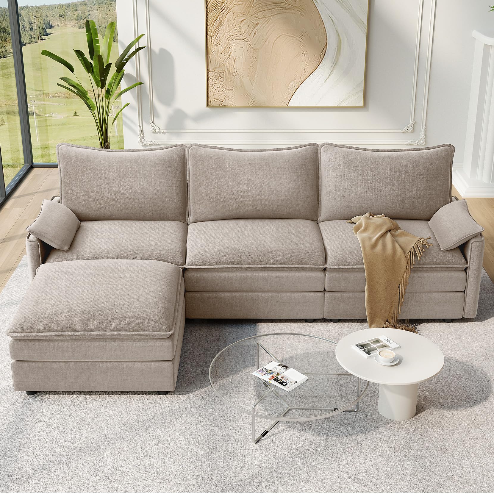 Vesgantti 108" Modular Sectional Sofa, Comfy Cloud Couch with Movable Ottoman Deep Seat Chenille L Shaped Modular Sofa, Sectional Couches for Living Room, Bedroom and Apartment, Light Brown