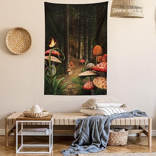 Miniatura 6 de Ambesonne Tapiz de hongos, hongos en bosque oscuro profundo, fantasía natural, camino de la tierra, colgante de pared para dormitorio, sala de