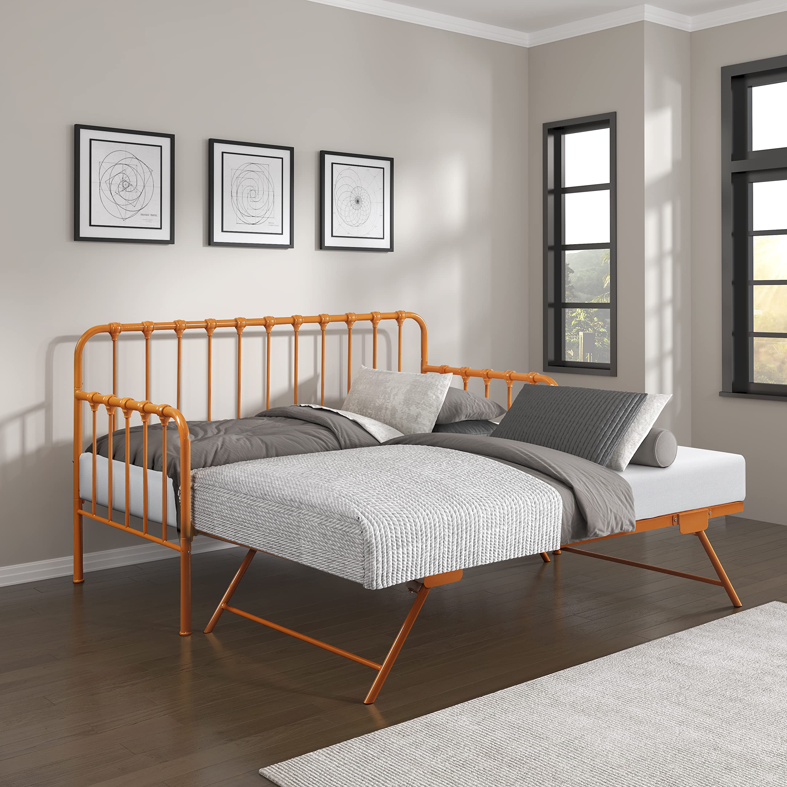 Lexicon Twin Metal Daybed with Pop-Up Trundle - Heavy Duty Steel Slat Platform Bed Frame, Space Saving Guest Bed with Casters, 300 lb Weight Capacity, No Box Spring Required - Orange