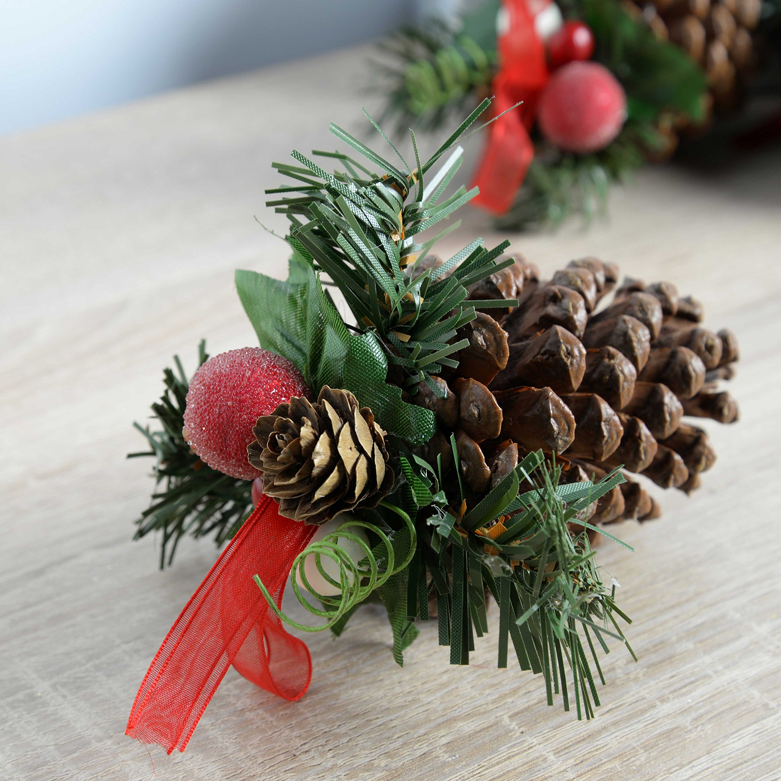 WeRChristmas Decorated Pine Cone Christmas Decoration - Natural/Red, Pack of 5 - Image 2