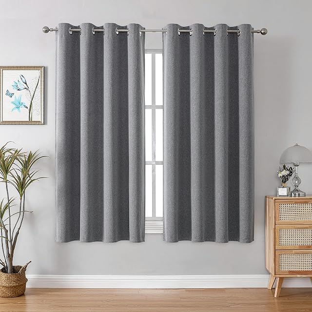 CUCRAF Total Blackout Curtain With Eyelet, Thermal Insulated Linen Look Noise Reducing Curtains for Living Room,46 x 54 Inch, Light Grey, 2 Panels