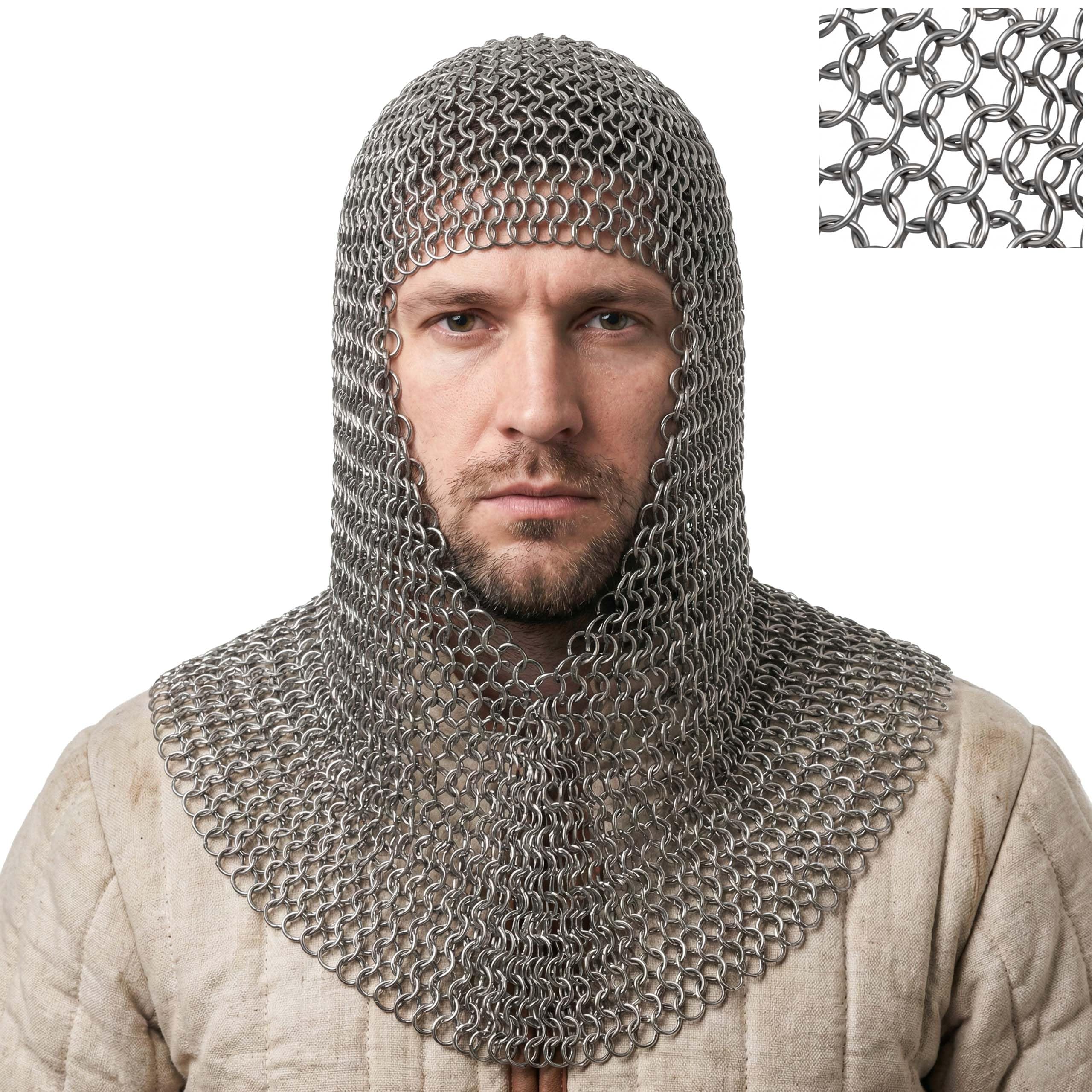 Mythrojan Unisex Silver Chainmail Coif Hood 10Mm 16Gauge Stainless Steel Heavy Duty Butted Viking Knight Armor For Larp, Cosplay, Renaissance Fairs, Reenactments - Large