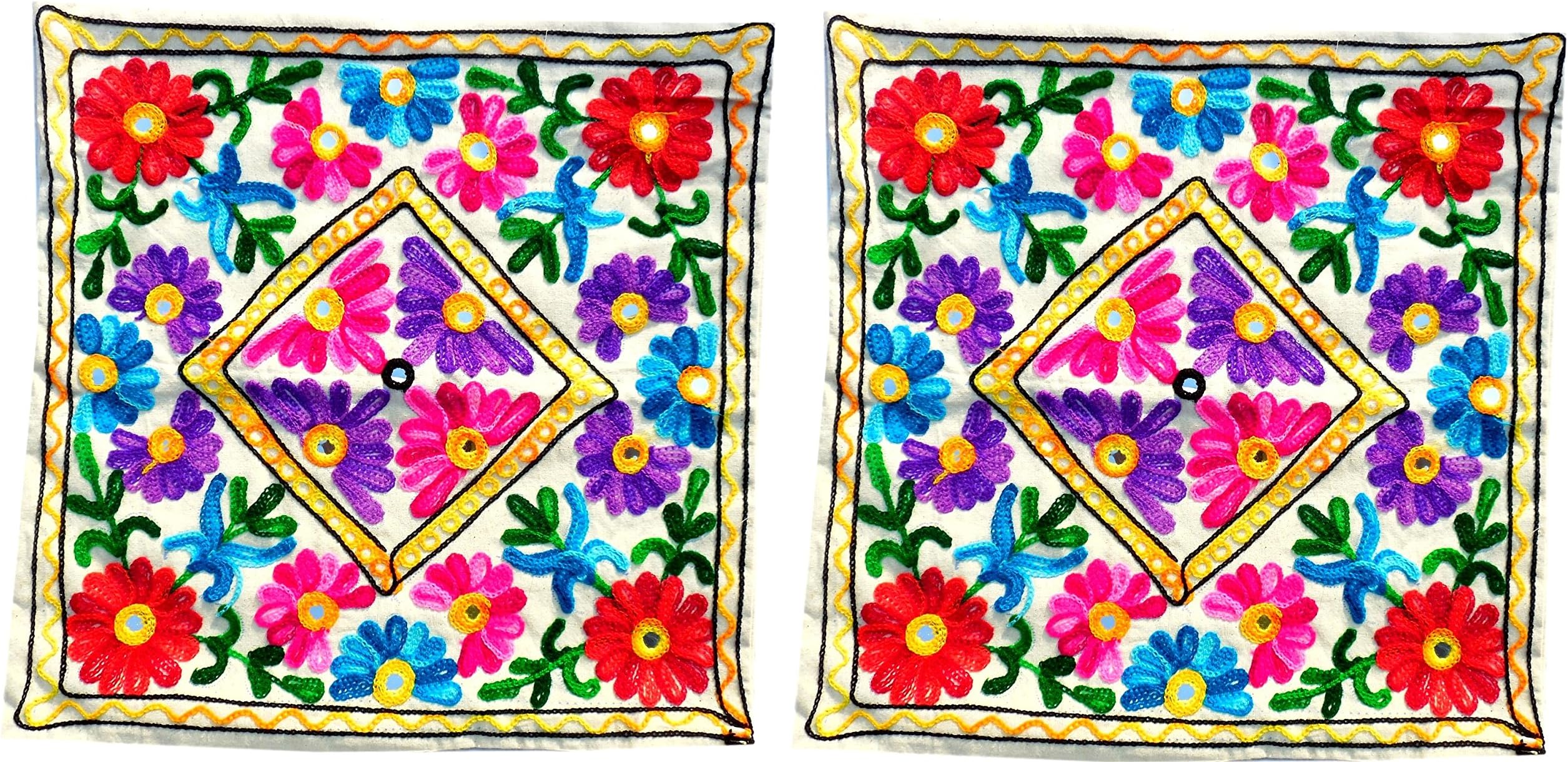 Handcrafted Woolen threads Embroidery Printed Cushion Covers Set of 2 -Throw Pillow Covers Cotton Fabric Indian Home Furnishing Decorative 16x 16 Inch-UP-CC008