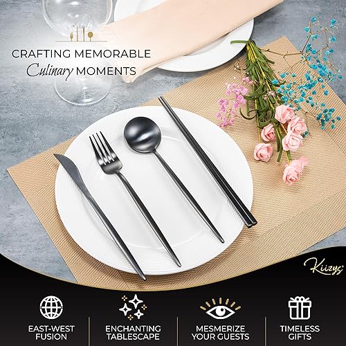 Miniatura 4 de KiiZYs - Juego de cubiertos negro mate, utensilios de cocina de 16 piezas con palillos coreanos, cubiertos de acero inoxidable, cucharas, tenedores,
