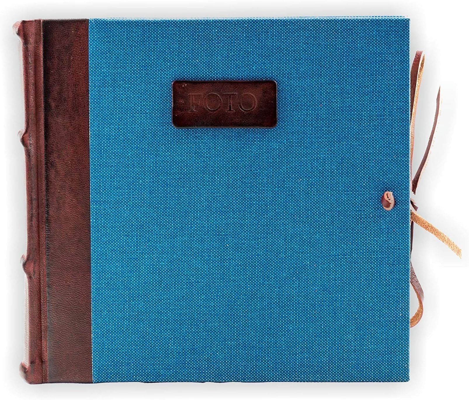 Photo Album Bound in Leather and Canvas, Bordeaux and Blue, H20xL20, Corium Collection, Hand Made in Italy by Legatoria Toscana, Tuscan Handcrafted