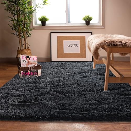 Jorkei Alfombras negras para dormitorio alfombra de felpa peluda de 4 x 6 pies alfombras modernas de felpa para interiores para sala de estar