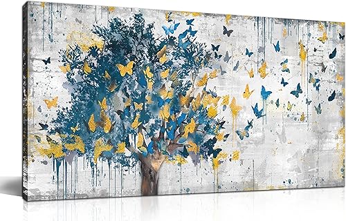 Kepgonegu Arte de Lienzo Grande para Pared Árbol Azul Mariposas Doradas Cuadro Grafiti Gris Abstracto Impresiones en Lienzo Listo para Colgar para