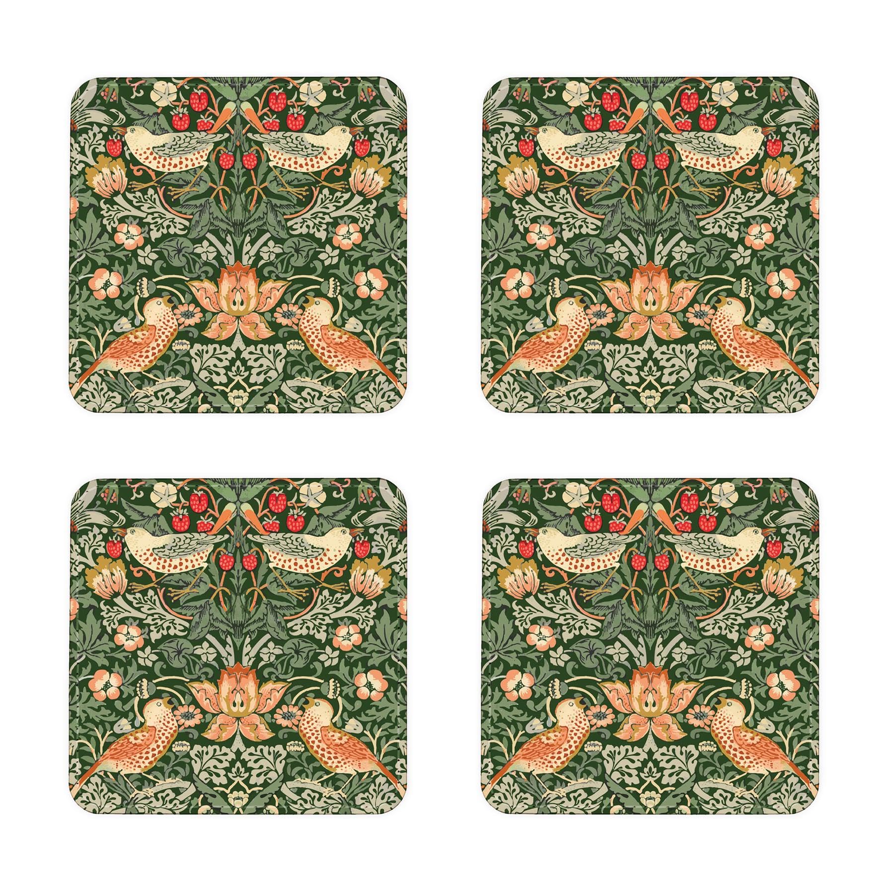 Set of 4 Green Strawberry Thief Faux Leather Coasters - Tableware Gift