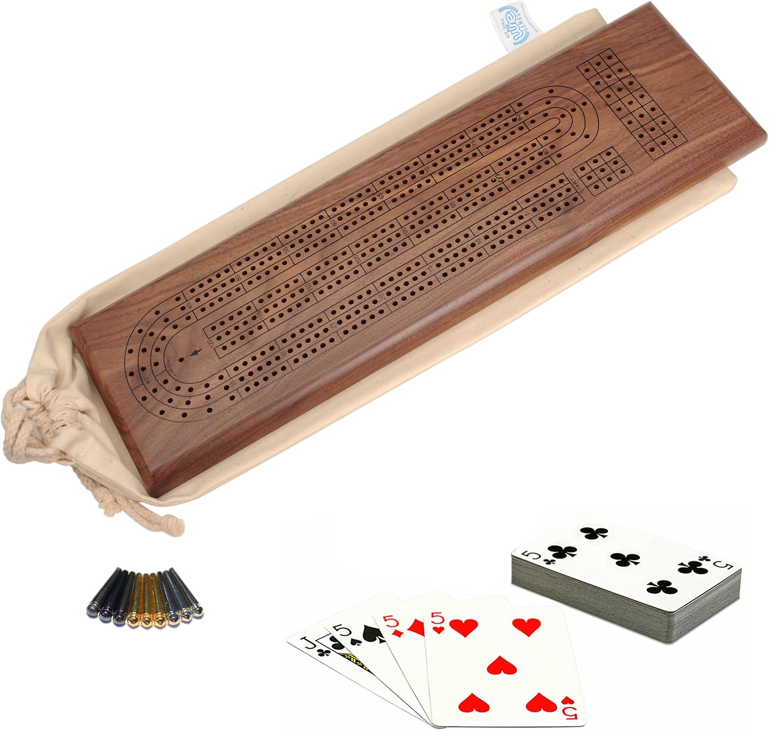 WE Games Deluxe 3 Track Continuous Cribbage Set with Easy Grip Pegs, Cards & Canvas Bag