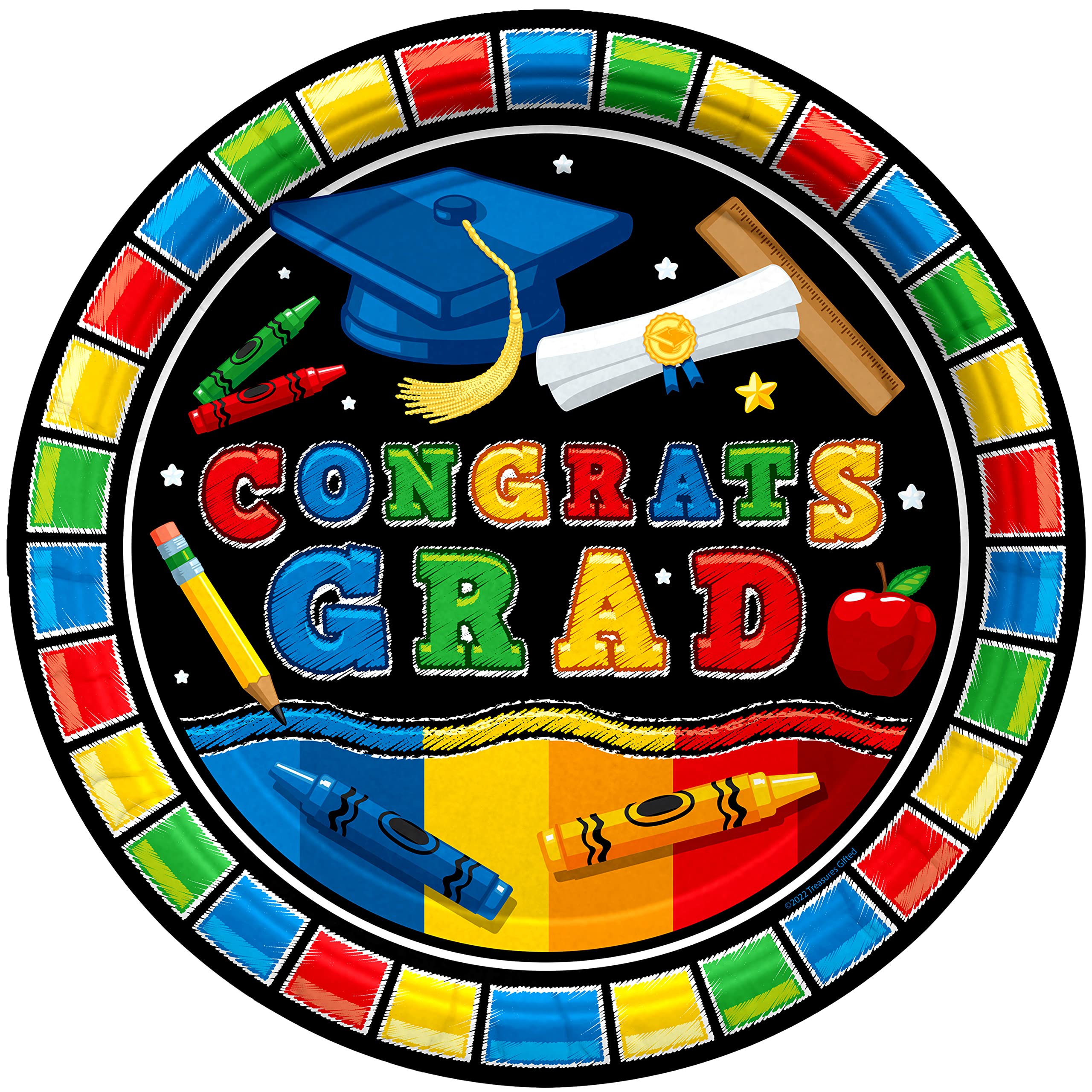 Treasures Gifted Kindergarten Graduation Decorations - 9” Congrats Grad Plates 24ct - Preschool Graduation Party Supplies - Kids Grad Paper Party