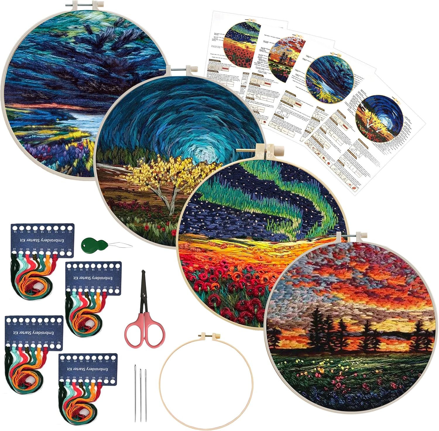 Maydear 4 Pack Embroidery Starter Kit with Pattern, Stamped Cross Stitch Kits for Beginners Adults with Embroidery Hoop and Instructions, Hand Embroidery Kit (Embroidery kit flower2) blue