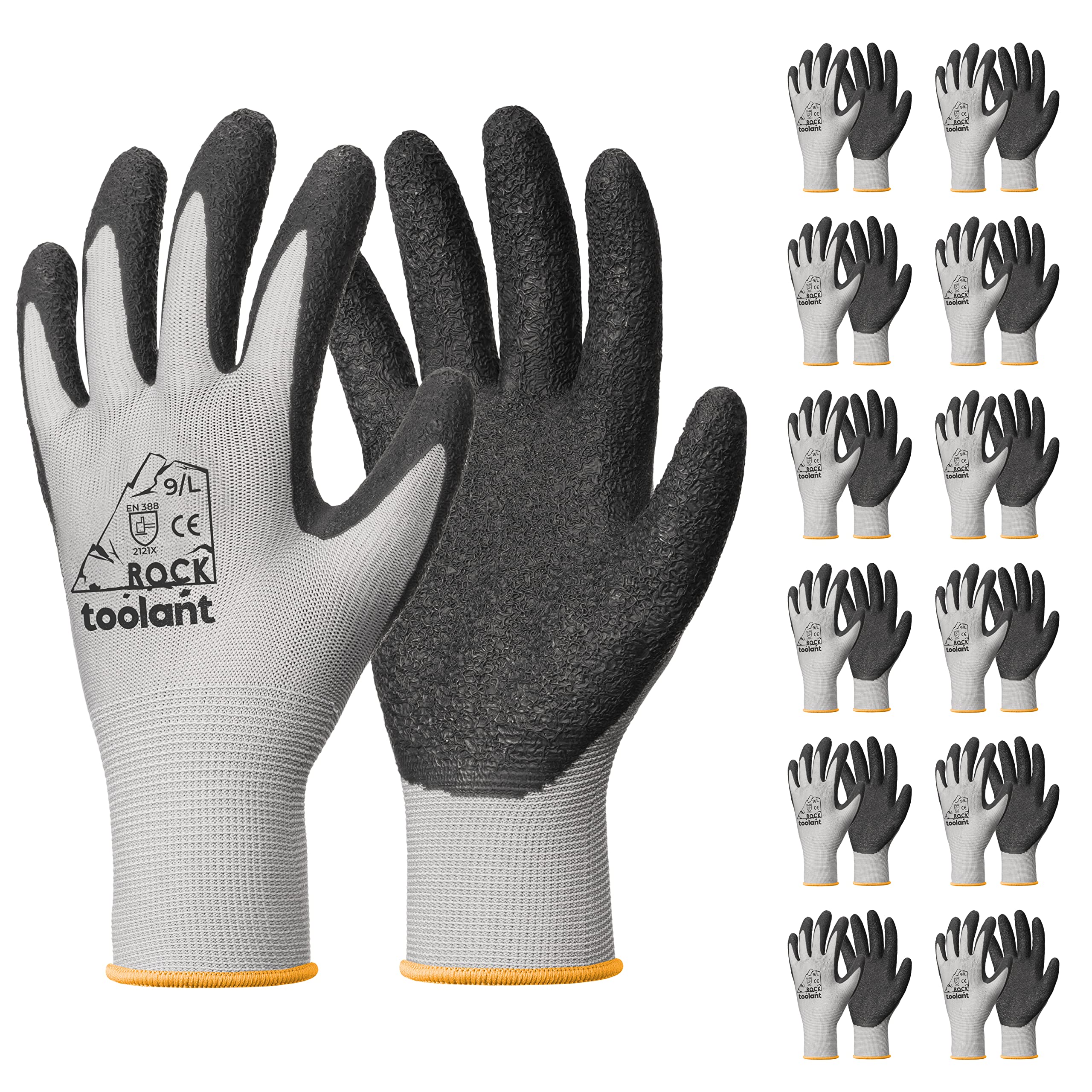 toolant 12 paia di guanti da lavoro in lattice stropicciato con rivestimento in gomma resistente all'abrasione, per edilizia, paesaggistica e magazzino (grigio, L)