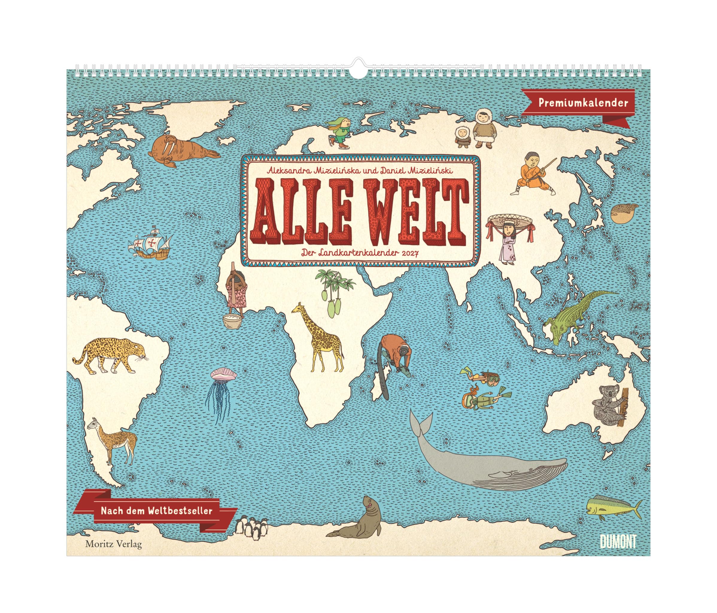 Alle Welt 2027: Wandkalender 60x50 cm mit illustrierten Weltkarten und deutschem Kalendarium