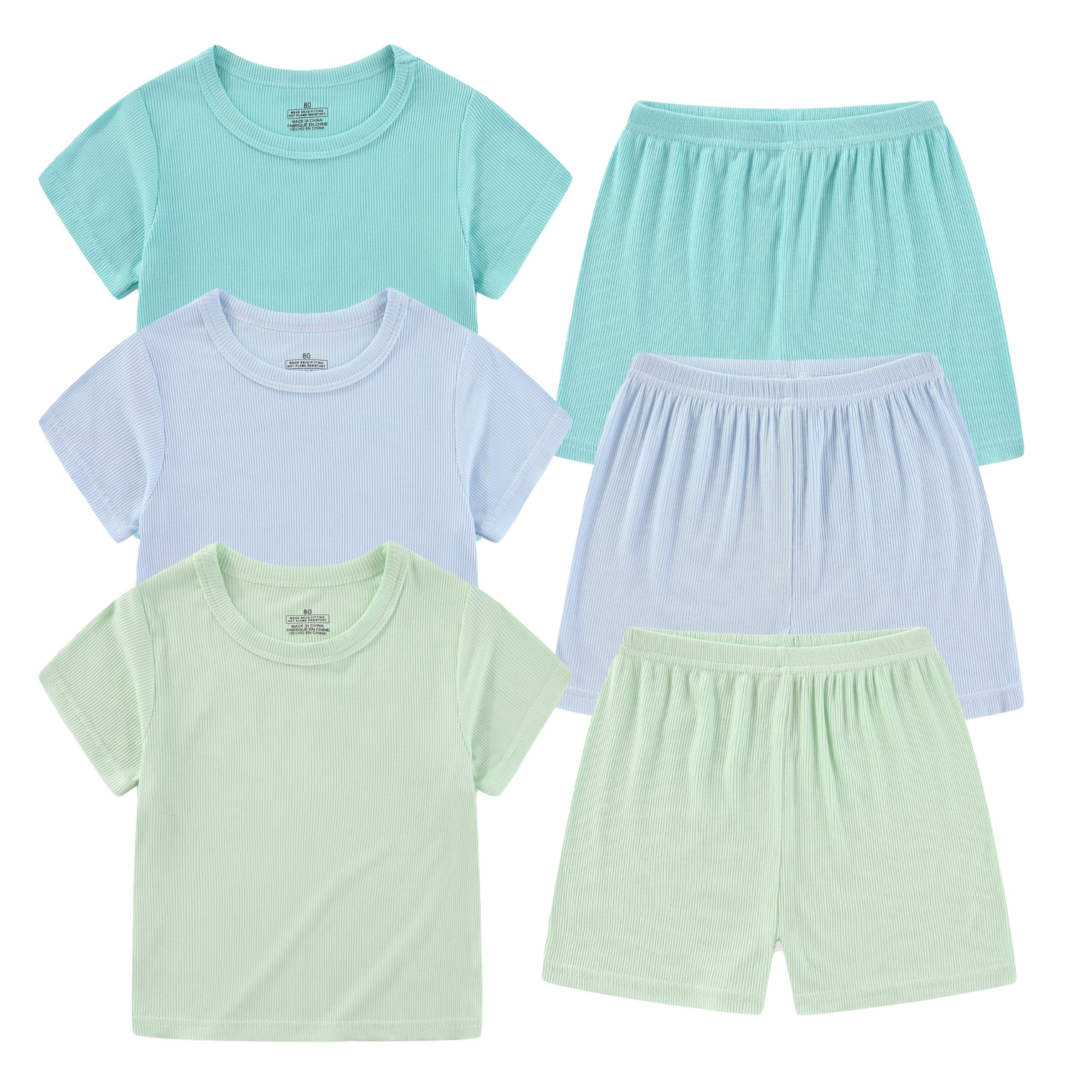 ZAVBABY Baby Boys Clothing Short Sets Solid Color Toddler Outfit Short Sleeves Shirt And Short Set 93% Rayon 6PCS 1t-5t