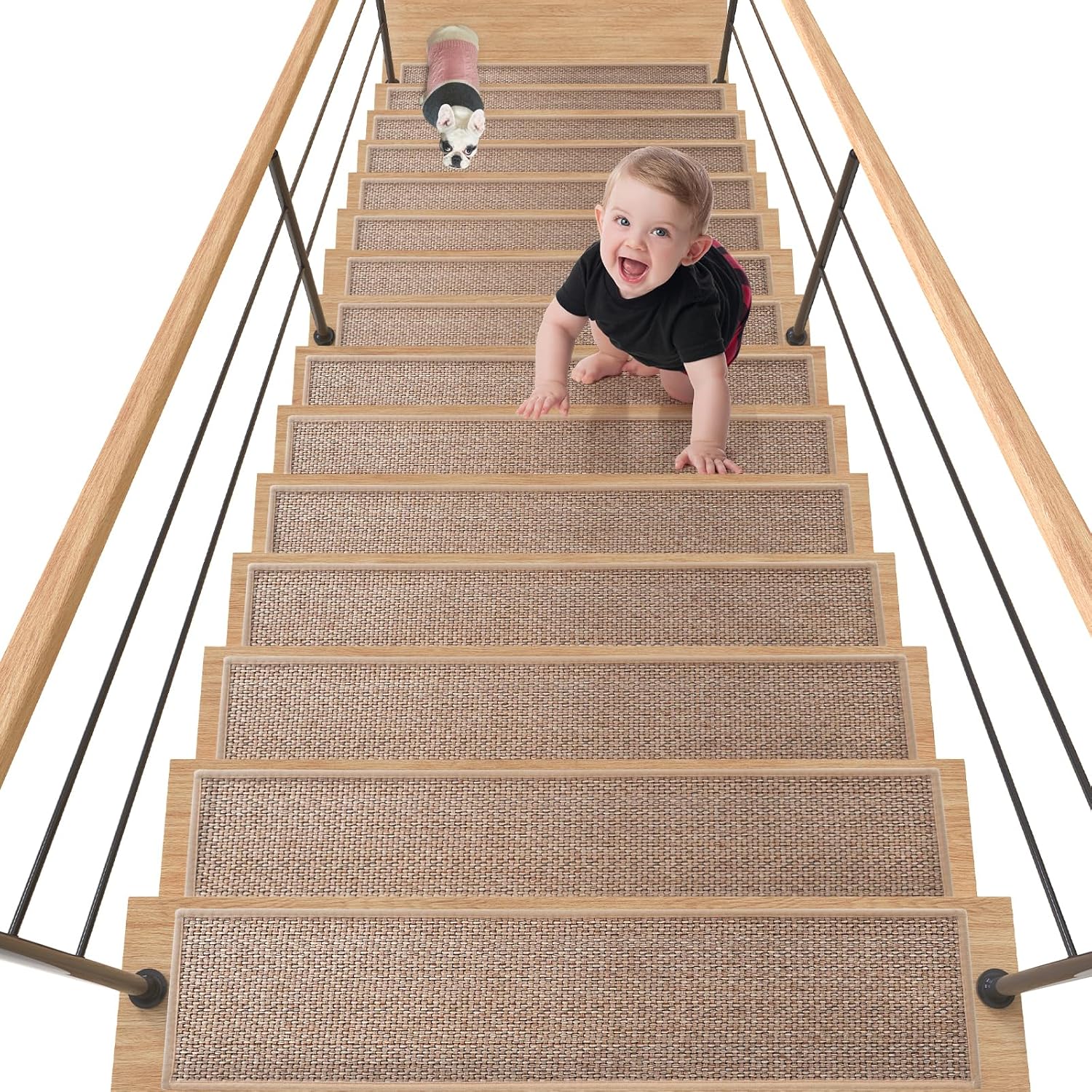 WIKUVO 30X8 Inch Stair Mat, 15 Pack Comfortable Stair Treads for Wooden Steps, Non-Slip Stair Runner with Rubber Backing for Elderly, Children and Dogs