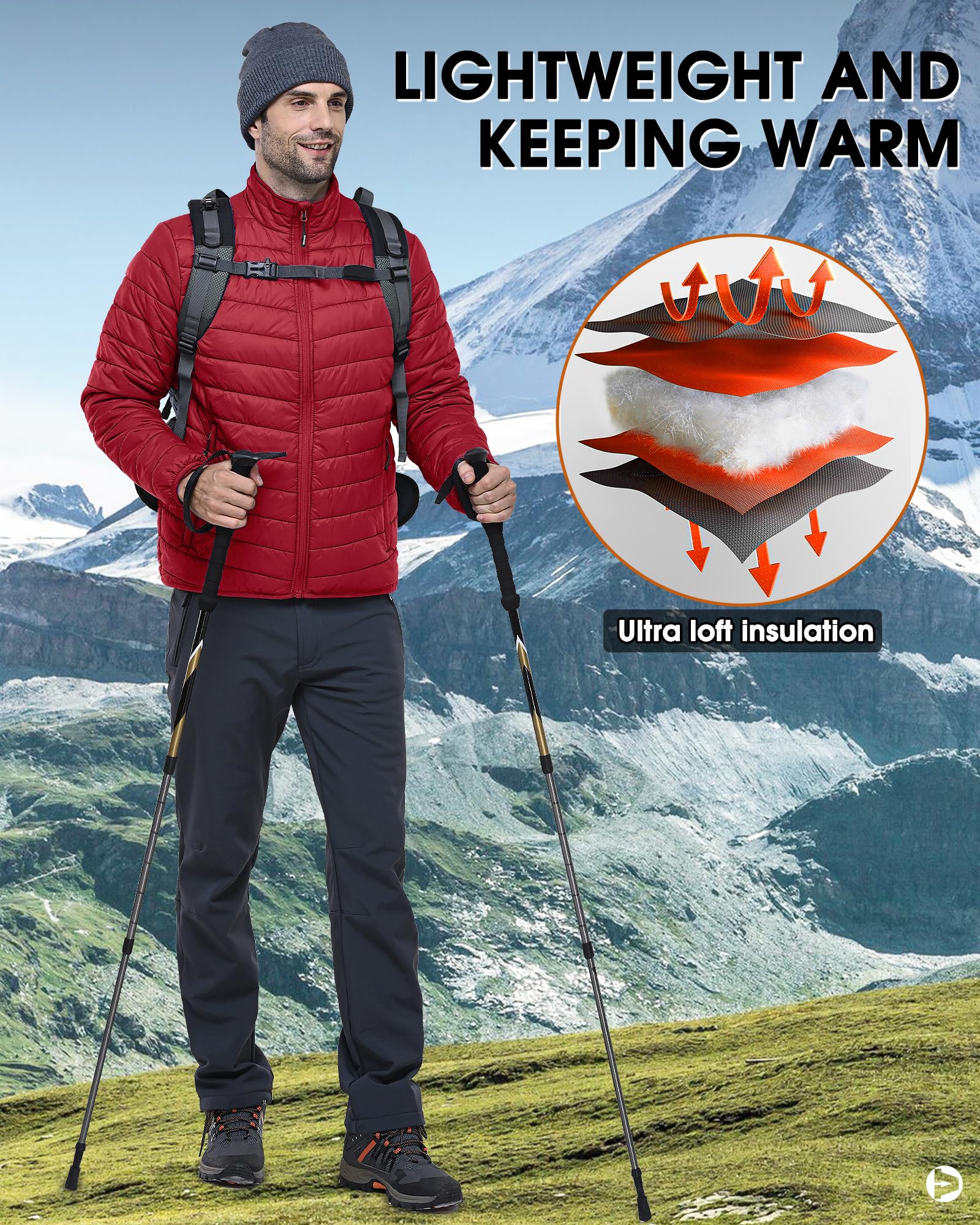 Outdoor Ventures Veste d'hiver matelassée légère et pliable pour homme, manteau bouffant isolé pour neige, ski, randonnée, voyage