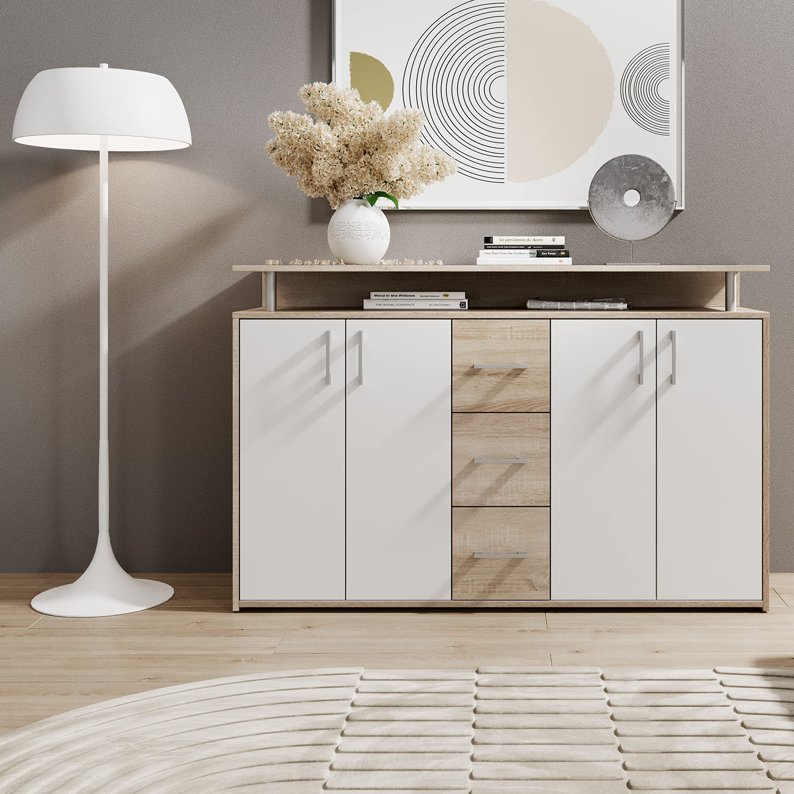 DRIFT, Credenza con ripiano simil rovere sonoma, bianco, elegantea e capiente credenza con cassettiera per la vostra zona giorno; 139 x 90 x 34 cm (L x A x P)