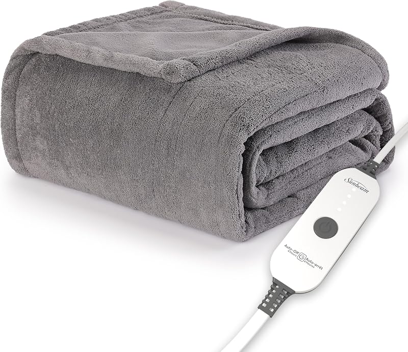 Sunbeam Manta eléctrica Royal Luxe de microfelpa con calefacción, 4 ajustes de calor, apagado automático de 4 horas, calentamiento rápido, cálido y acogedor, color gris paloma, 50" x 60"