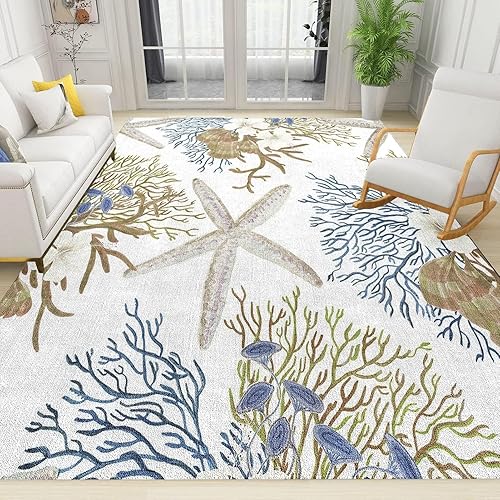 Miniatura 1 de Alfombra náutica costera con temática oceánica de playa, diseño de criatura con concha de coral de mar, suave y antideslizante para dormitorio, sala