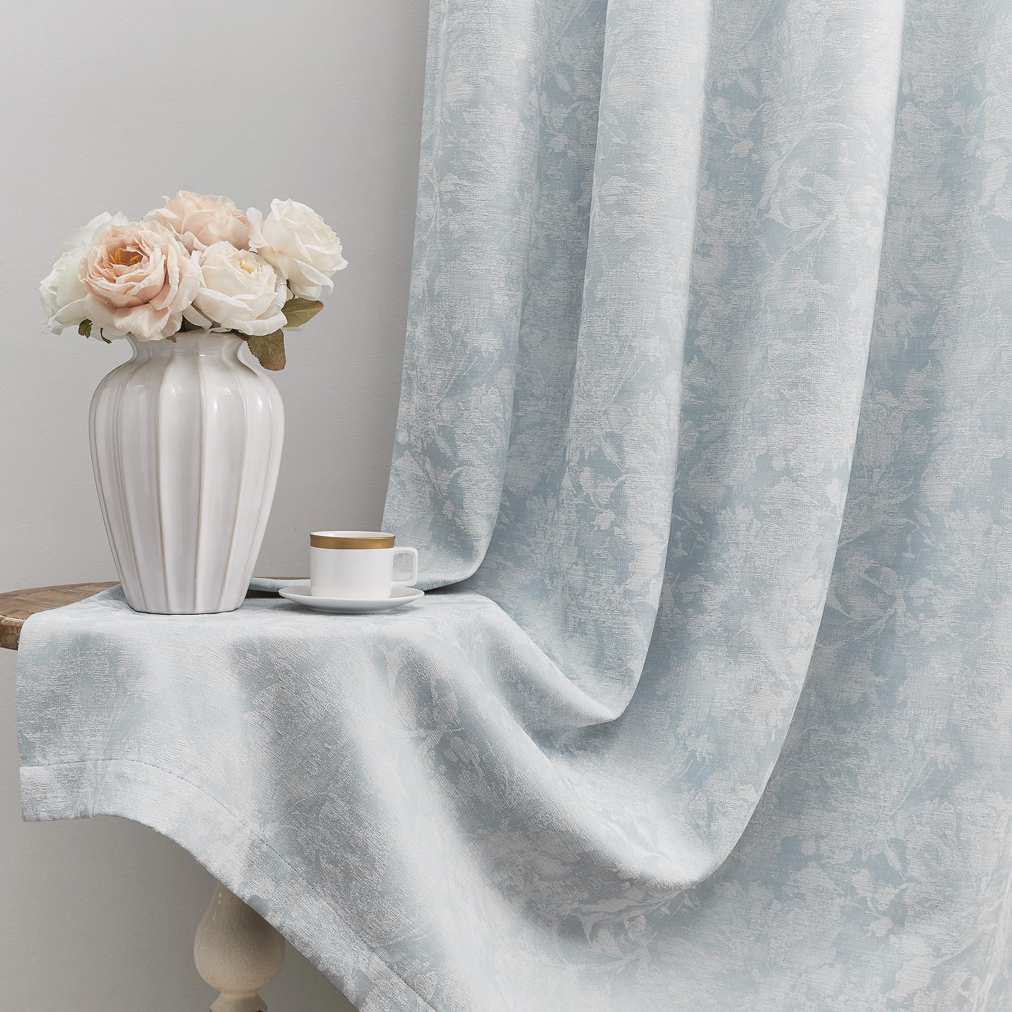 Beauoop Blue Floral Jacquard Blackout Curtains 63 Inches Long 2 Panels for Bedroom Living Room Chenille Flower Room Darkening Thermal Insulated