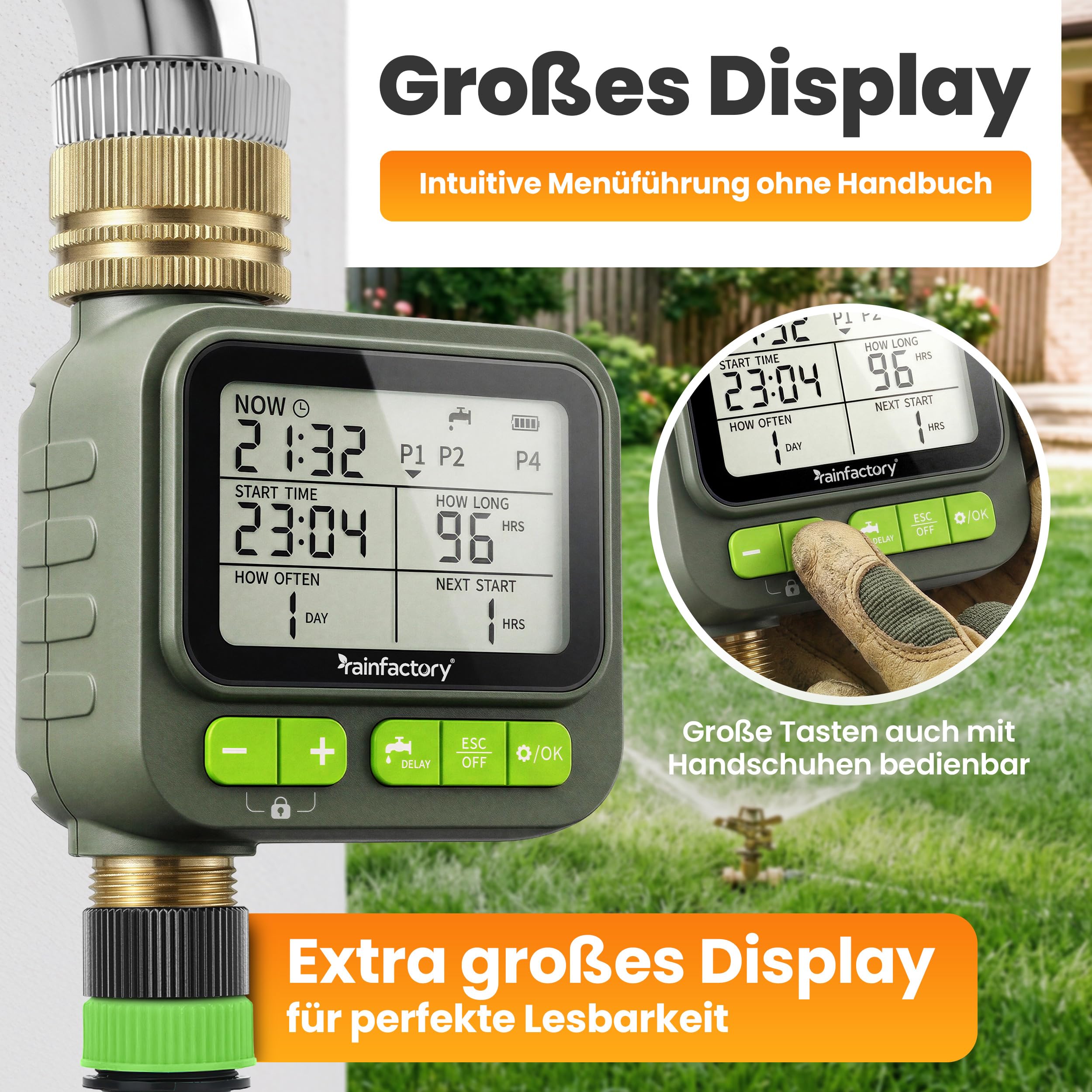 rainfactory Bewässerungscomputer mit Fernbedienung - automatische Bewässerungssteuerung für Garten - Bewässerungsuhr mit 4 Programmen, Delay - Wasser Zeitschaltuhr IP65, 3/4 Zoll für Rasen Beet & Topf