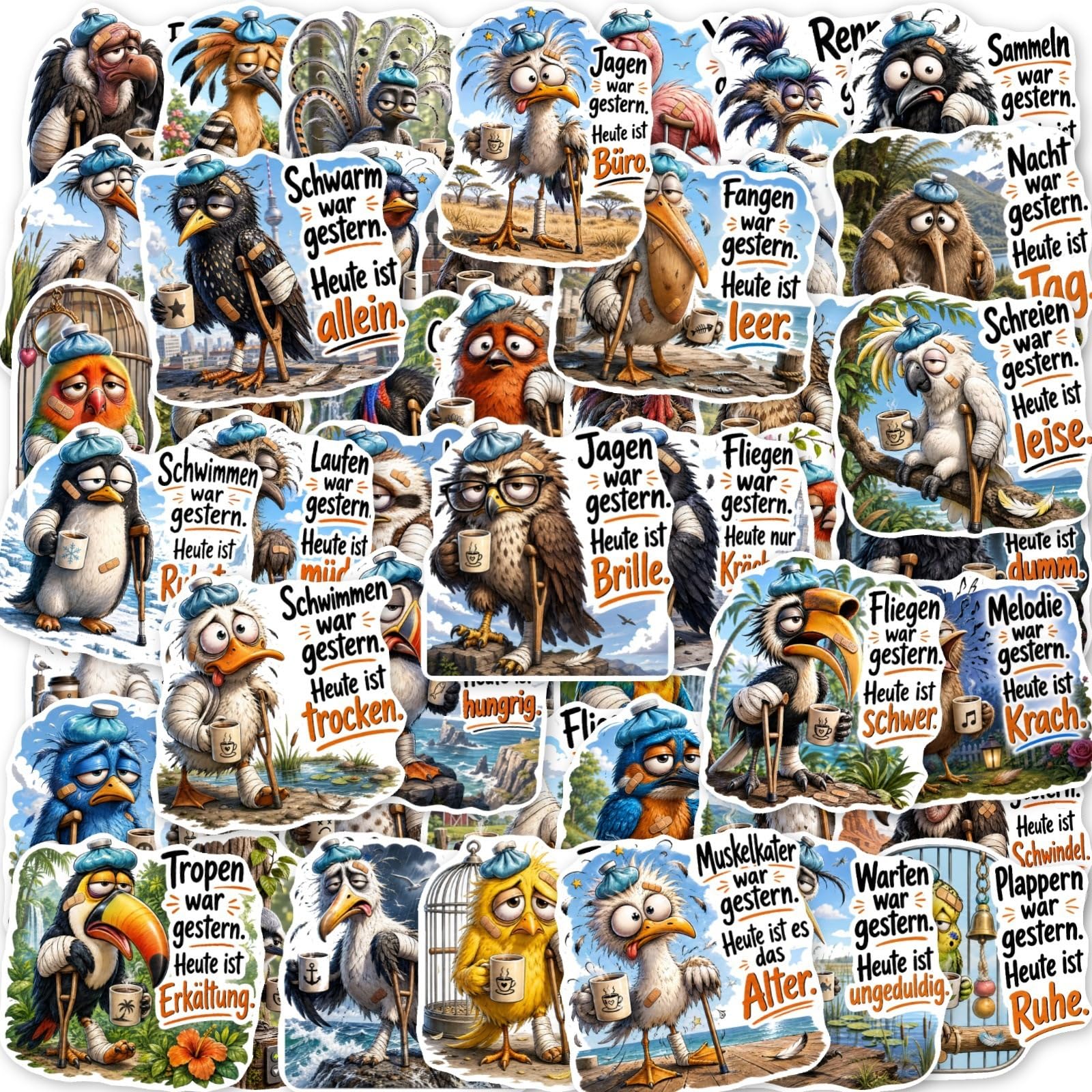 Pack of 50 Funny Birds German Saying Stickers Waterproof Self-Adhesive