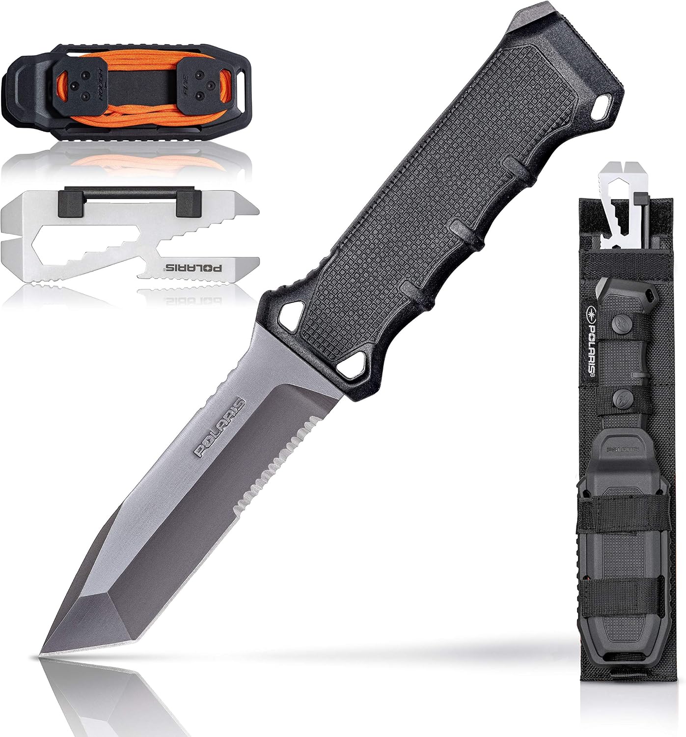 Polaris 10-Inch Hunting and Survival Tanto Blade Knife With Twice Injected Glass-Filled Nylon Handle with Integrated Knife Sharpener, and Multi-Tool Included.