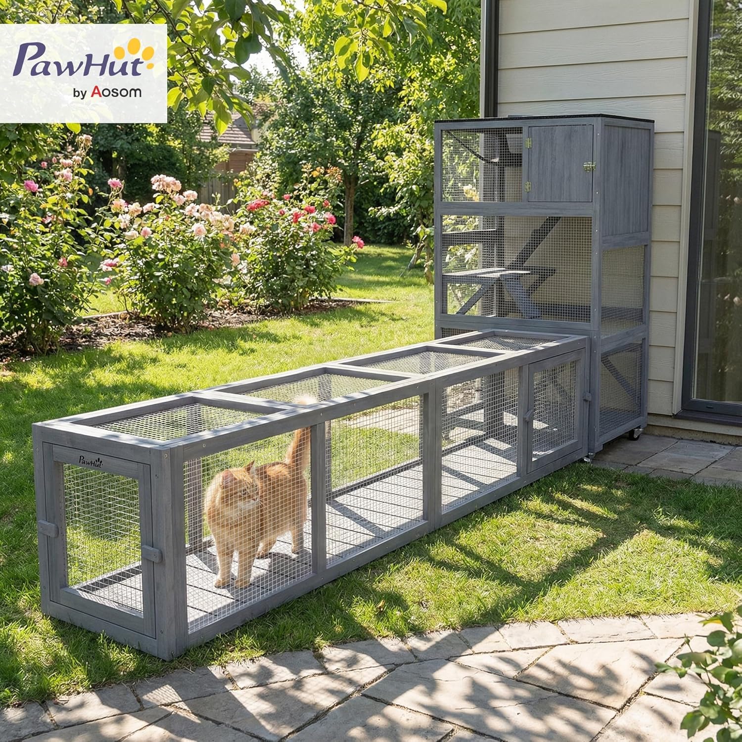PawHut Outdoor Cat Tunnel with Extendable Design, 79" L Wooden Cat Run with Weather Protection, Connecting Inside and Outside, for Deck Patios, Balconies, Dark Gray