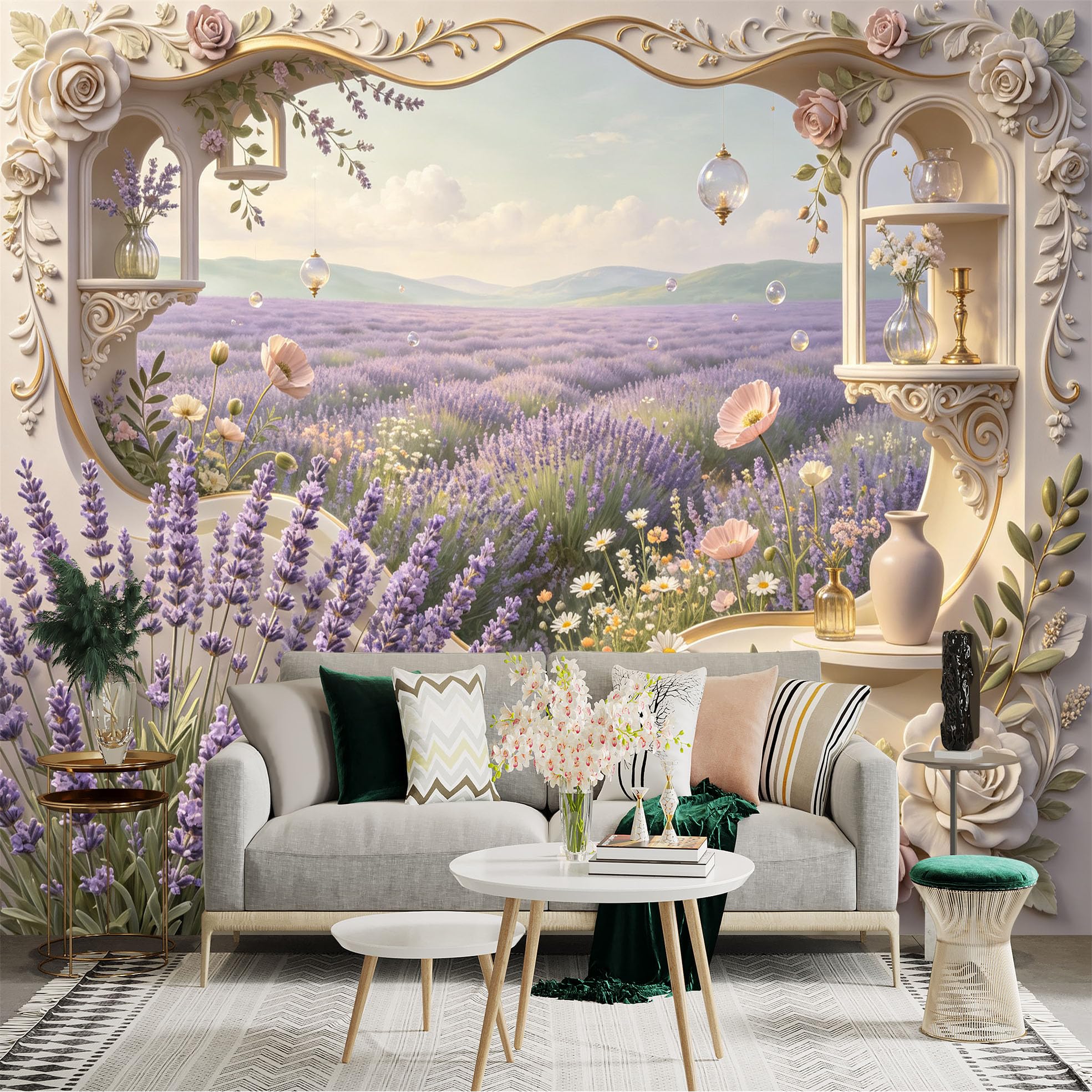 Lnzczhyre Bh260719445 Custom Size Wall Sticker Mural， Provence Lavender Field View， Floral Window Frame， Blooming Flowers， For Wall Decoration， Peelandstick Wall Decals.