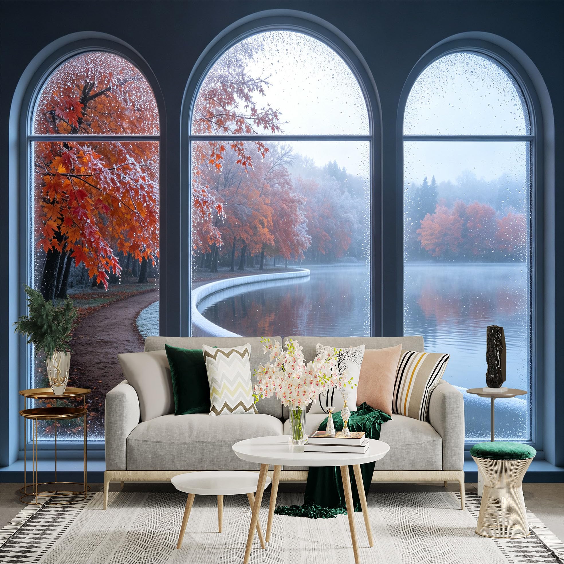 Custom Size Wall Sticker Mural， Rainy Window View， Autumn Forest with Misty Lake， Seasonal Landscape， for wall Decoration， peelandstick wall Decals.