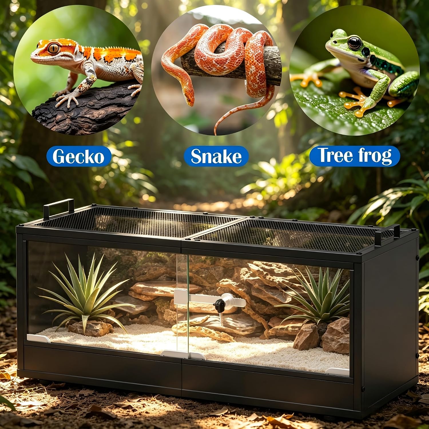 20 Gallon Reptile Terrarium Tank, Lockable Reptile Enclosure with Mesh Top & Handles, Escape-Proof Habitat Cage with Sliding Door for Snakes, Lizards, Tortoise & Small Animals, Black