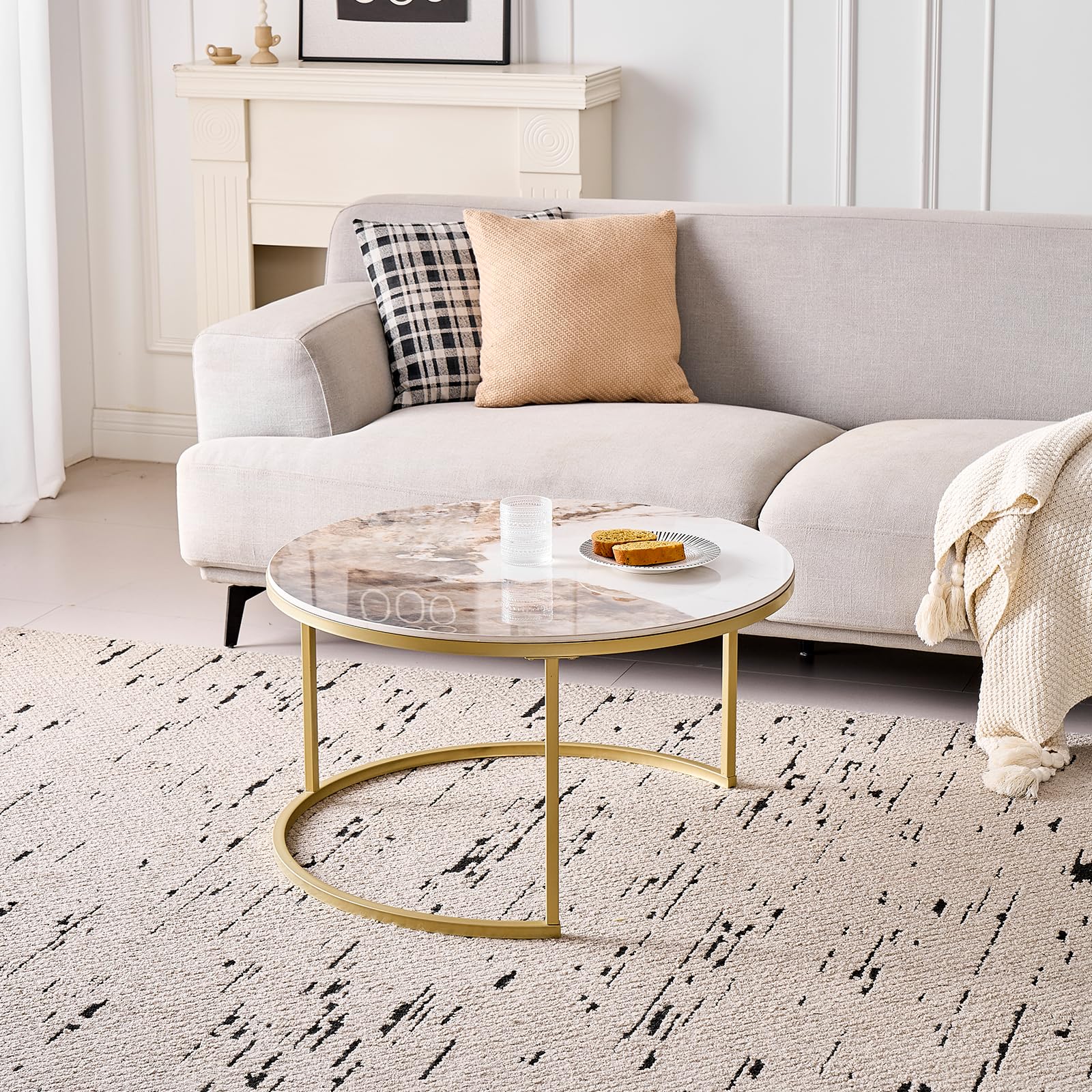 GrandCA HOME Tables Basses Rondes gigognes, Lot de 2 avec Cadre en métal doré pour Salon Moderne, 60 cm et 80 cm Tables d'appoint Pandora en Pierre frittée