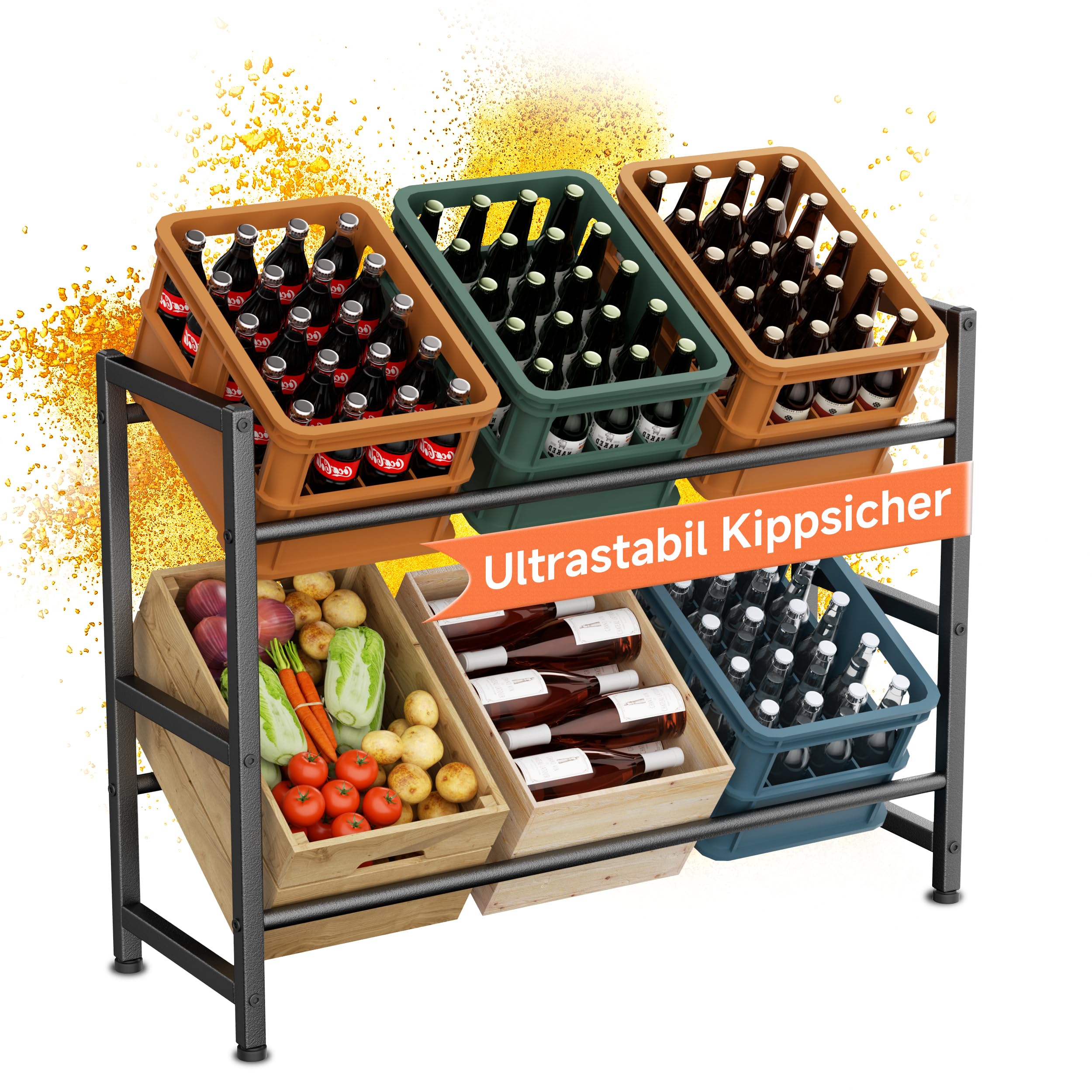 Getränkekistenregal 6 Kisten, 2 Ebenes Stabiles Getränkekisten Ständer mit Verstellbaren Füßen, 104*32*104 cm Metall Bierkastenregal Flaschen Getränkeregal trag. 300KG für Küche, Bar, Speisekammer Küche, Haushalt & Wohnen