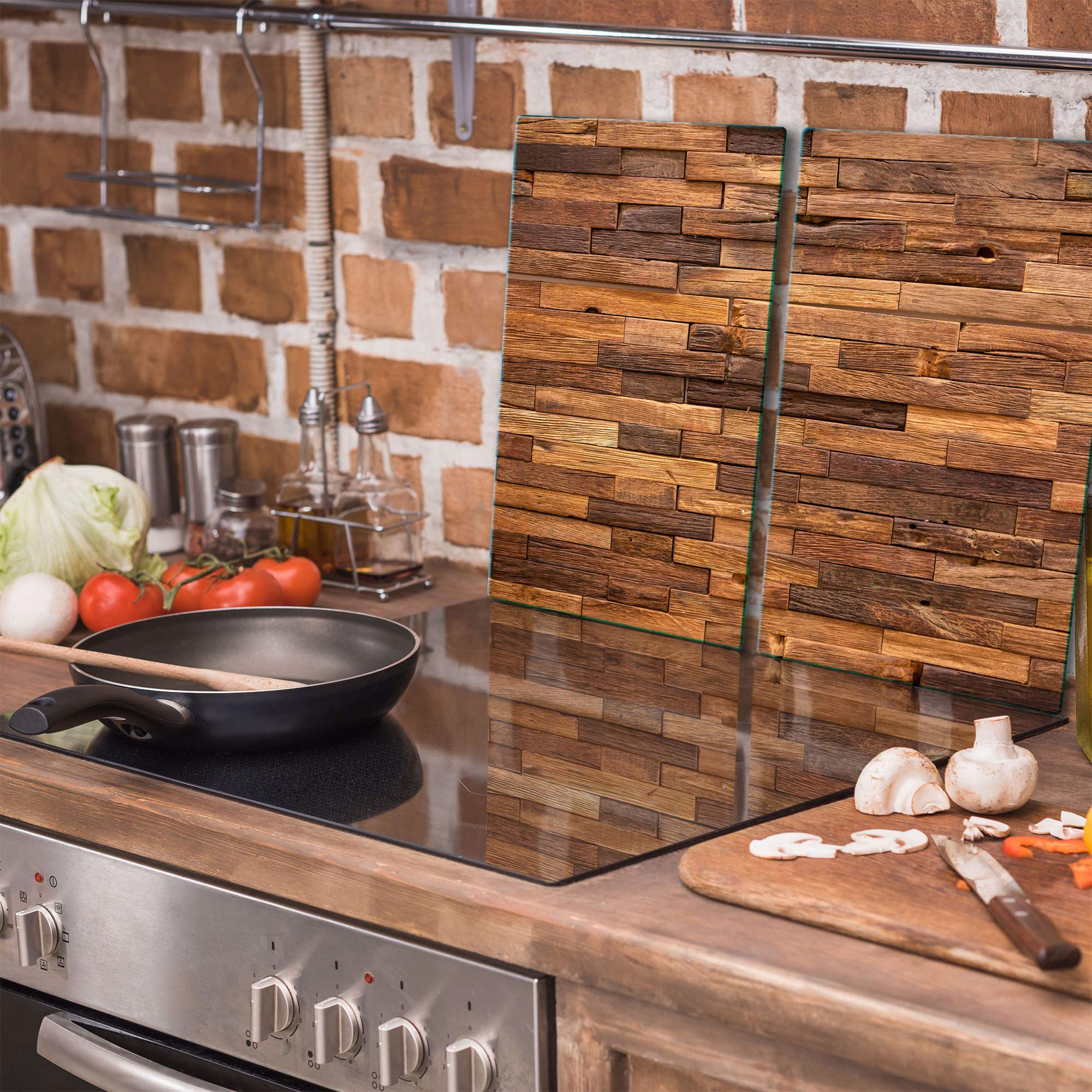 TMK | Herdabdeckplatten 2 Teilig 2x30x52 cm Ceranfeldabdeckung Küche Elektroherd Induktion Herdschutz Spritzschutz Glasplatte Schneidebrett Braun Holz