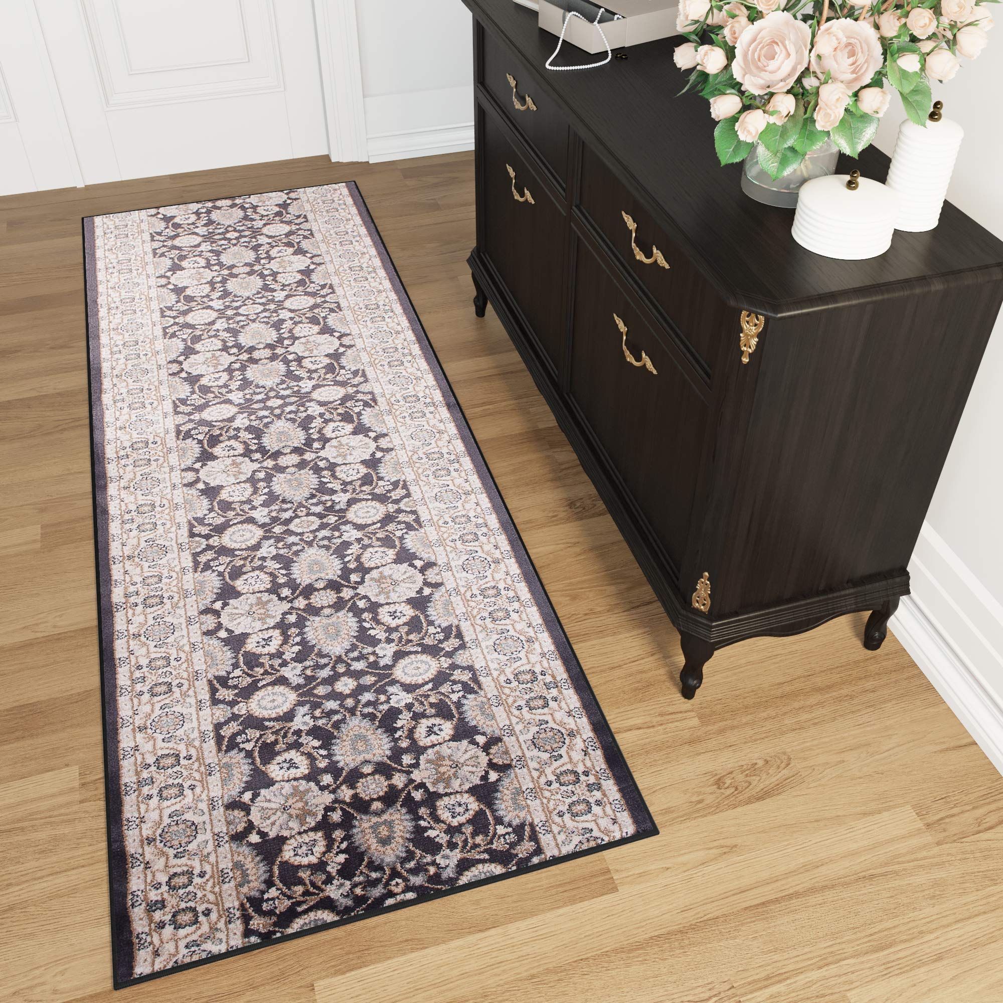 Tapiso Colorado chodnik, dywan na korytarz, klasyczny krótkie runo, orientalny, kremowy, antracyt, kwiatowy wzór, Ökotex 80 x 300 cm