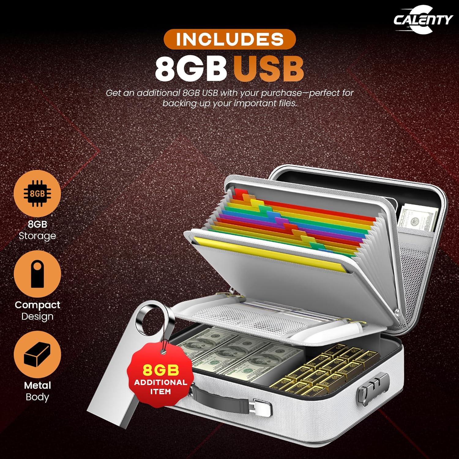 Fire Safe Document Box (Hard Shell) with Lock, 8GB USB & Waterproof Zipper, 12-Layer Fire proof Document Box for Important Documents, Certificates, Laptop & Passports (White)