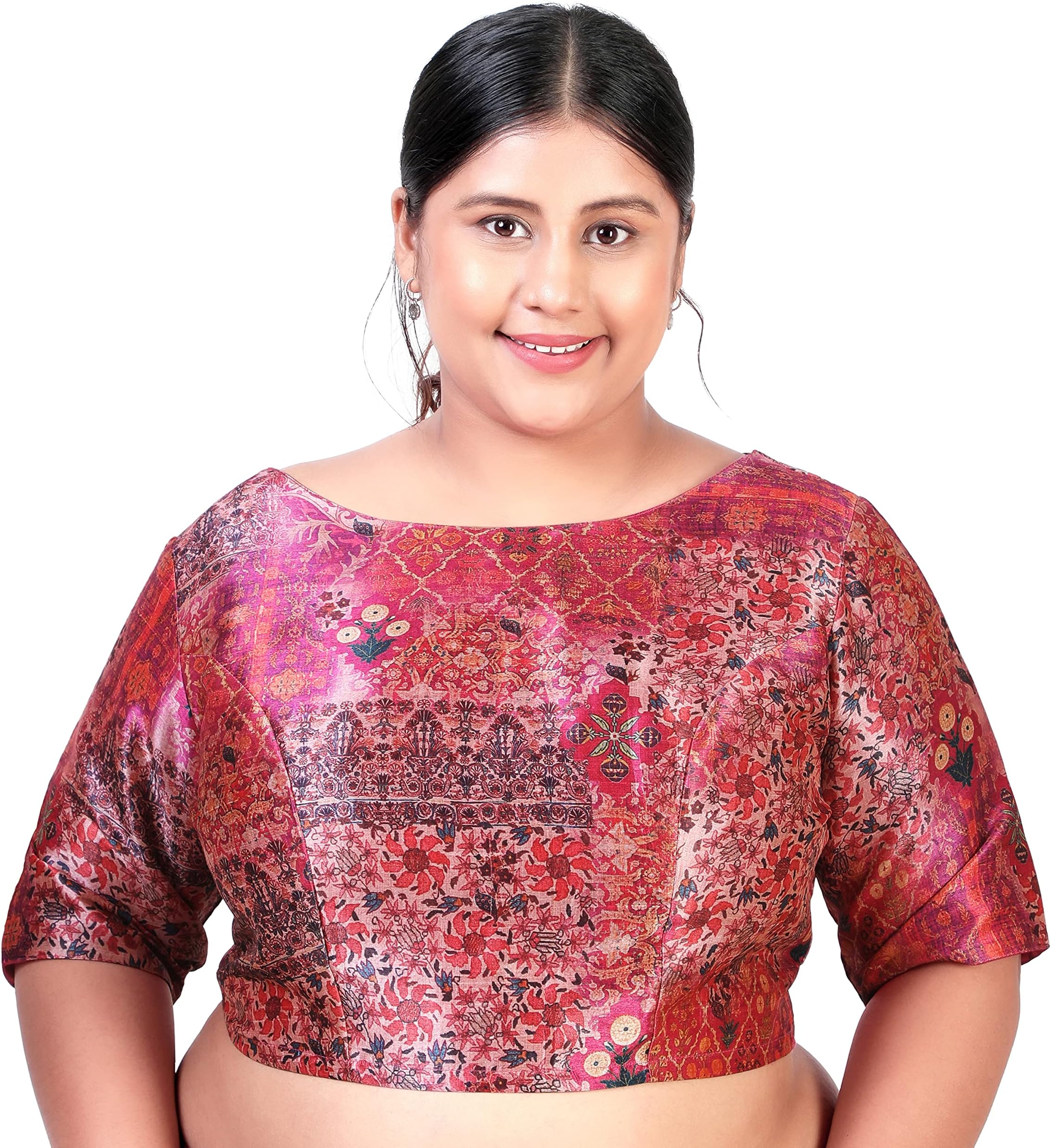 Studio ShringaarWomen`s Plus Size Polyester Elbow Length Sleeves Abstract Print Saree Blouse.
