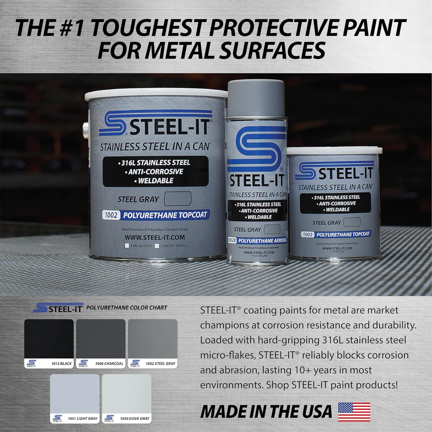 Steel-It Polyurethane Aerosol, Stainless Steel in a Can Protects Against Corrosion, Industrial Paint Coatings, Weldable, Easy to Apply, (2 Cans Charcoal & 2 Cans Dove Gray)